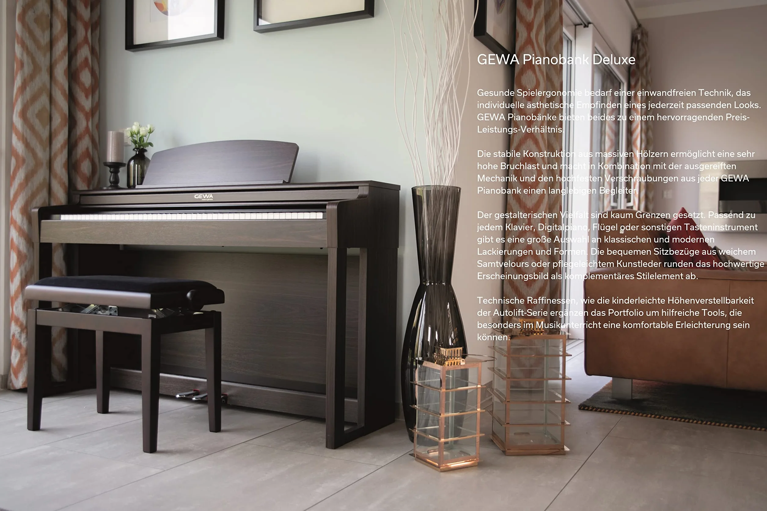 GEWA Banco de Piano Deluxe, Madera Maciza, Ajustable en Altura, Caoba Brillante