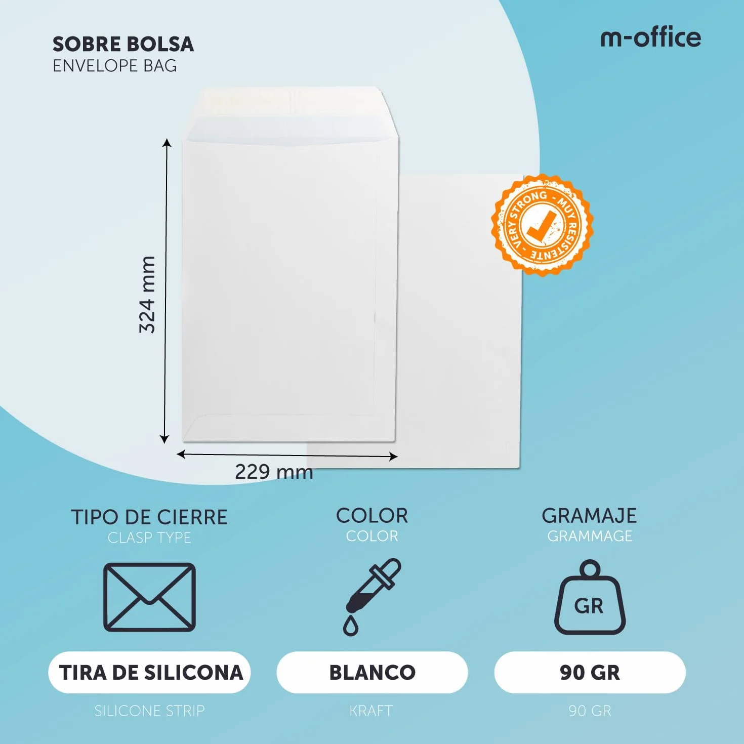 Sobres de Papel, Sobre Papel color Blanco, Sobre DIN 229 x 324 mm, Sobre de Papel Blanco con Cierre Tira de Silicona para Documentos, Envíos o Almacenaje · m-office (25 uds, 229x324mm)