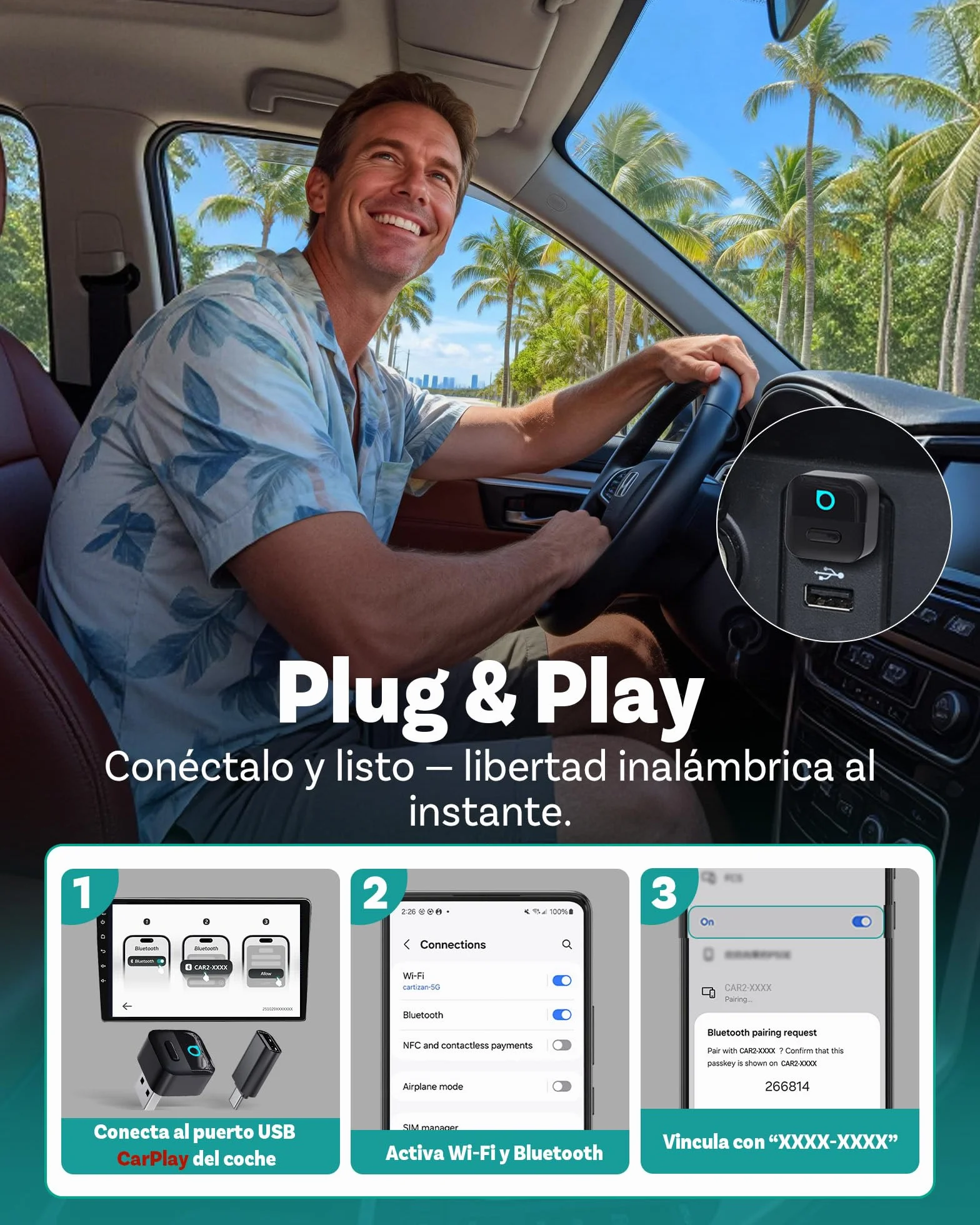 Ottocast Mini Pico, Novedad 2026, Adaptador inalámbrico 2-en-1 CarPlay Android Auto, Cambio de Dispositivo con un Toque, Plug & Play, WiFi 6 y Bluetooth 5.4, Conexión automática para iPhone y Android