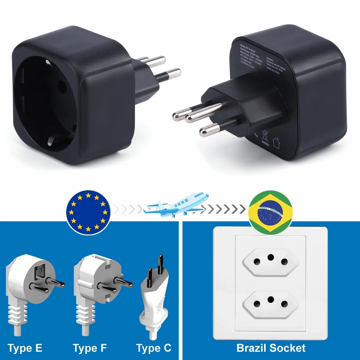 Adaptador de Enchufe de Europa a Brasil, Enchufe Schuko Europeo/Alemán/Francés/Español Tipo C/E/F Ajuste al Convertidor de Enchufe de Viaje de Enchufe Brasileño (1 Pieza)