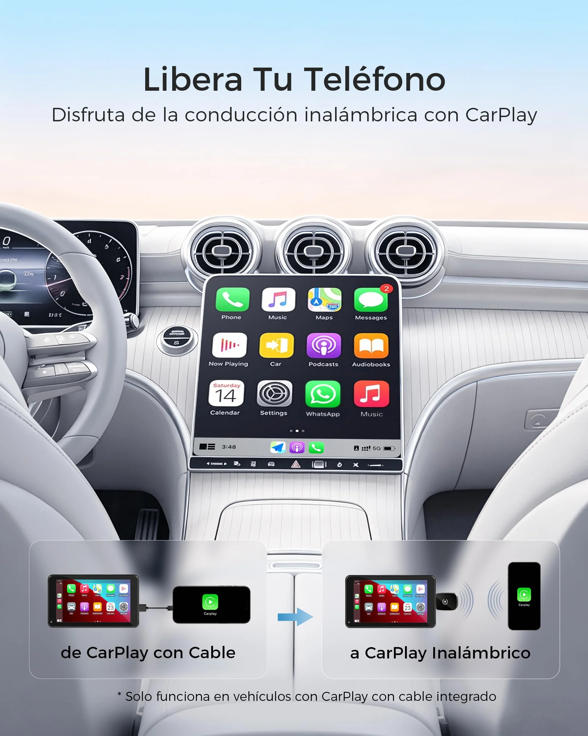 Adaptador CarPlay Inalámbrico Bluetooth V5.3 Doble Núcleo WLAN 5.8 GHz para Apple iPhone iOS 10+