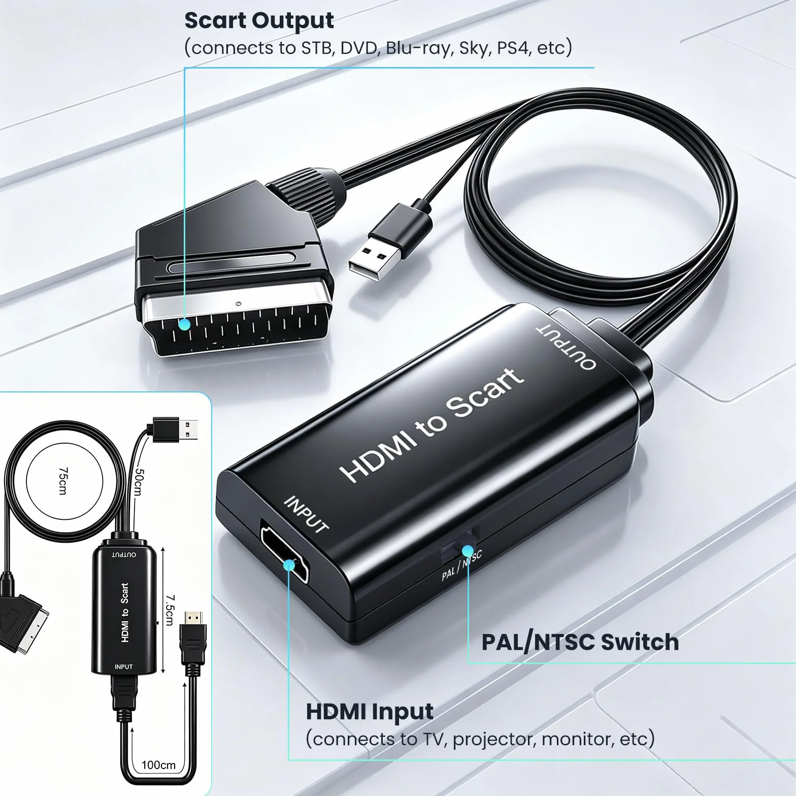 AMANKA HDMI a SCART Convertidor,1080P Adaptador HDMI a Euroconector Soporte Scaler HD Vídeo Compuesto Adaptador de Audio Estéreo CVBS Señal para Sky HD BLU Ray DVD TV PS3