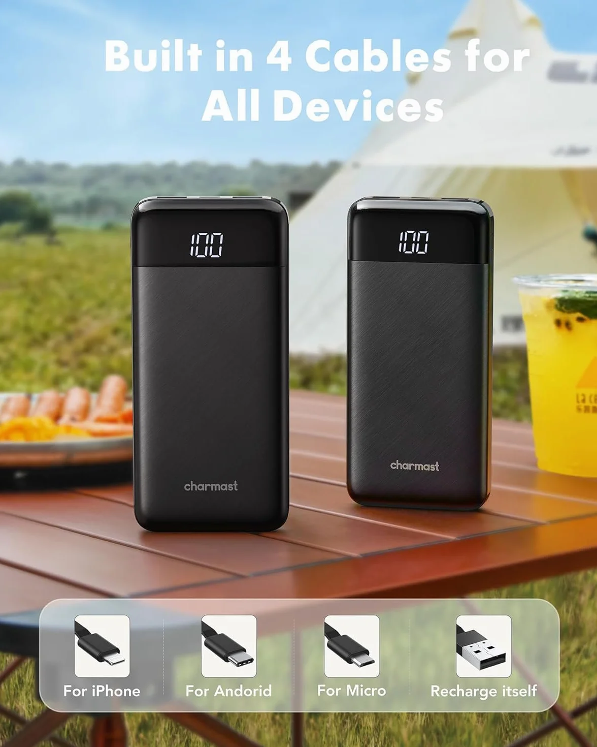 Charmast Power Bank 10000mAh con Cables Integrados, USB C Cargador Portátil 5V / 3A Powerbank Pantalla LED con 6 Salidas y 3 Entradas para iPhone Samsung Huawei Xiaomi