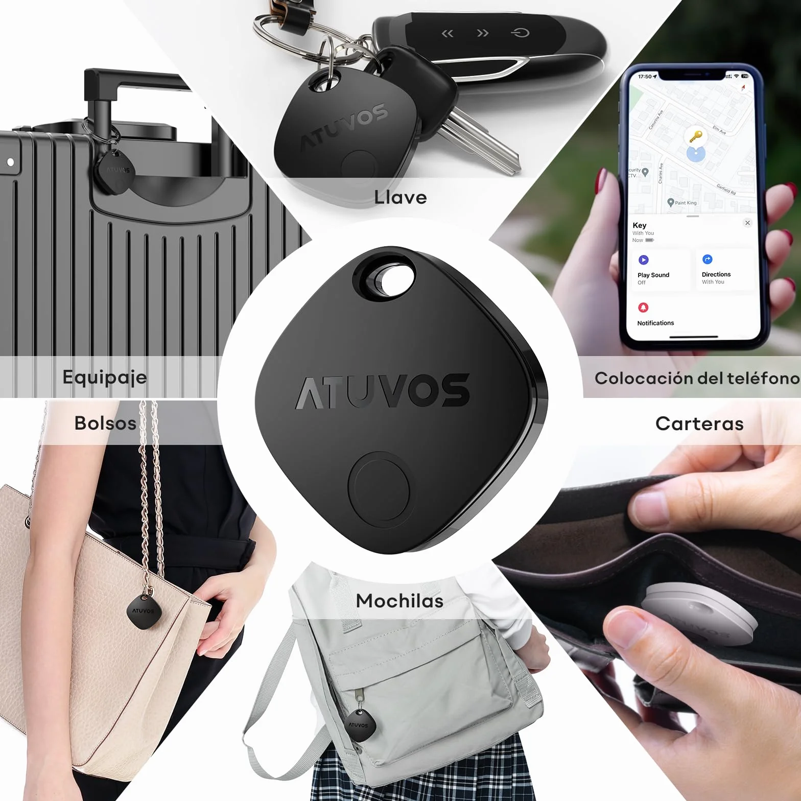 ATUVOS Air Tag Smart Tracker 4 Pack Negro, Buscador de Objetos Bluetooth, Localizador para Llaves, Maletas, Batería Reemplazable