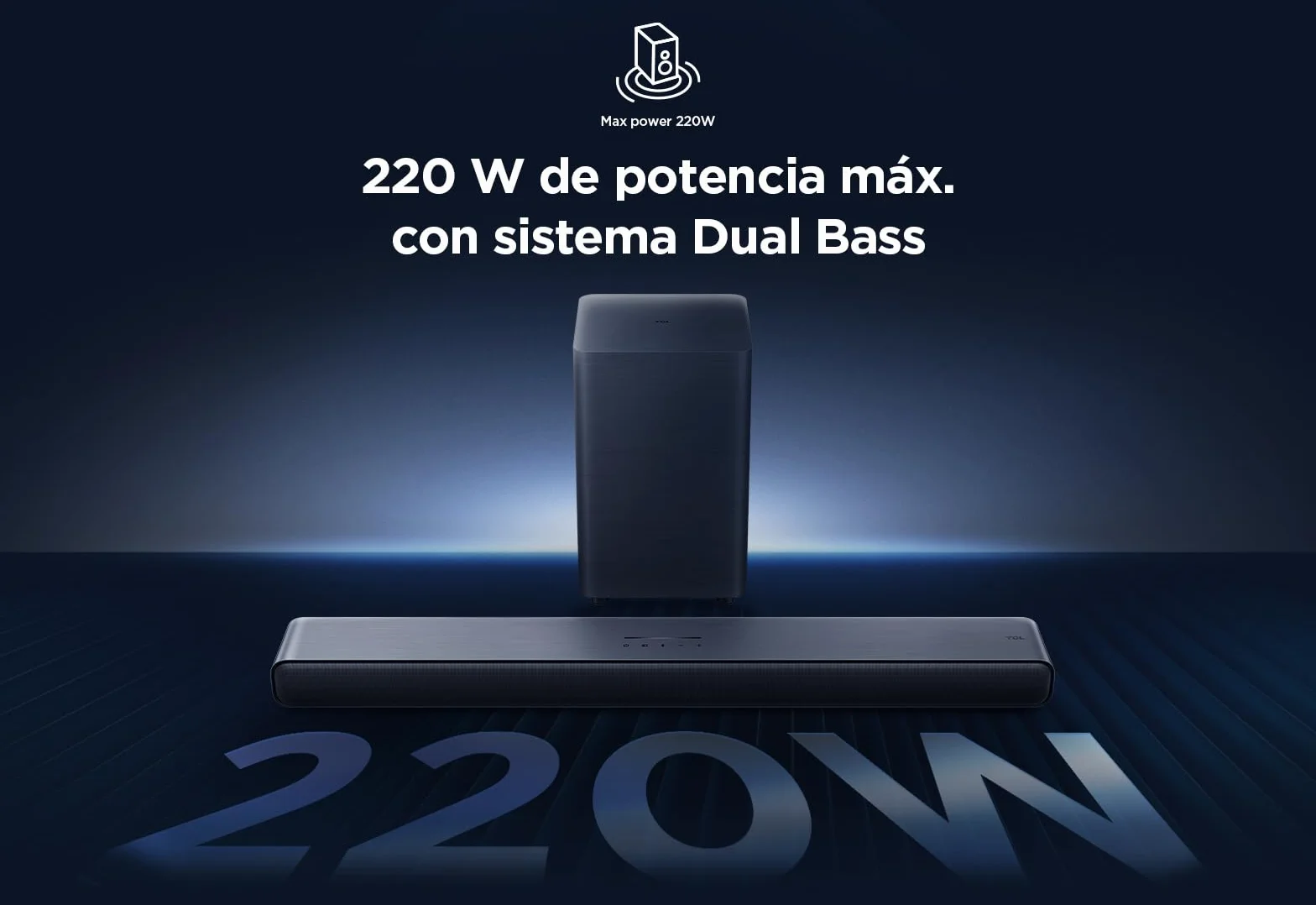 TCL S55HE Barra de Sonido 2.1 220W Subwoofer Inalámbrico Dolby Atmos DTS Virtual:X HDMI eARC Bluetooth 5.3