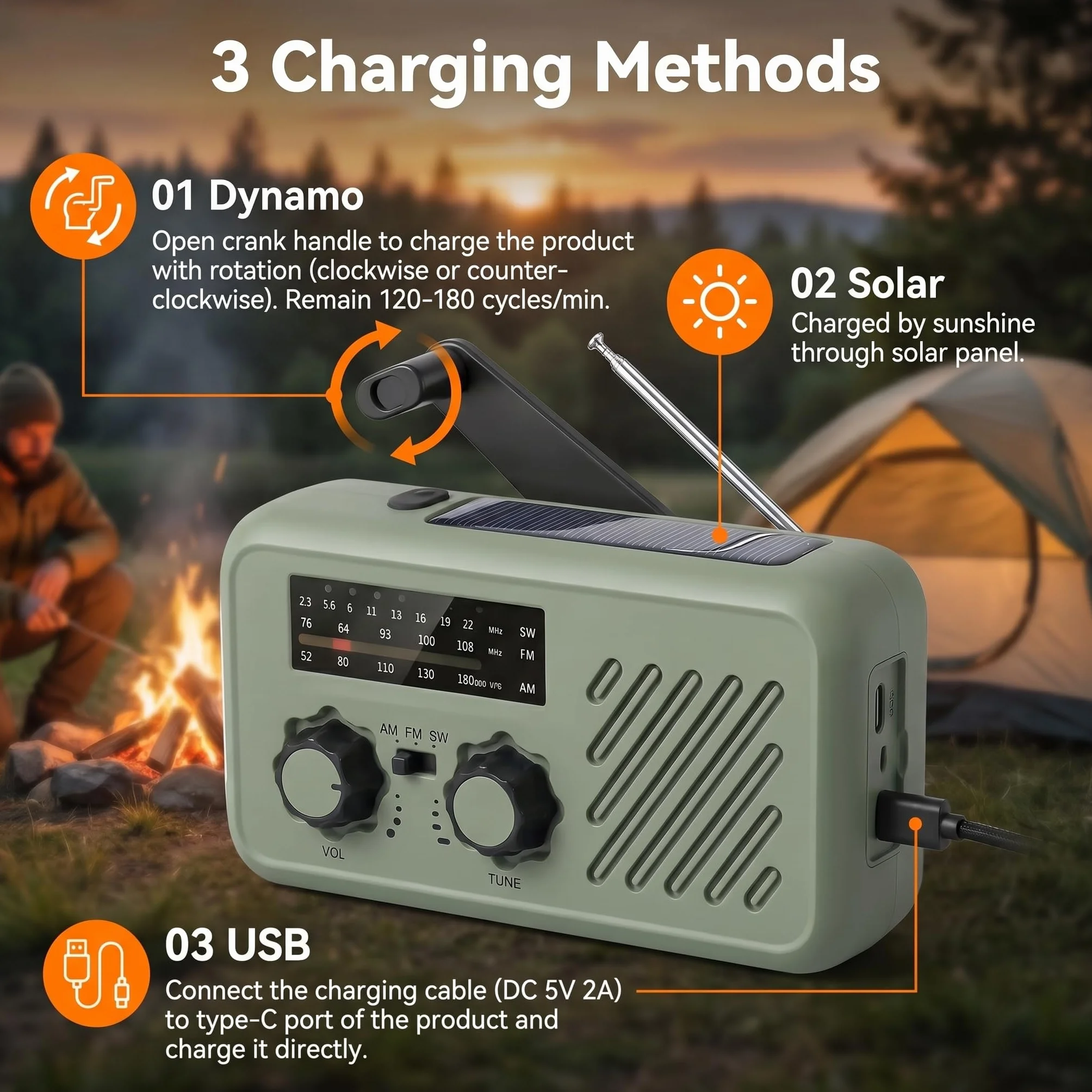 Radio de Emergencia Solar y Manivela, Radio FM/Am Portátil con Linterna LED, Luz de Lectura y Powerbank 2000mAh – Ideal para Cortes de Luz, Camping, Acampada y Regalos para Hombre