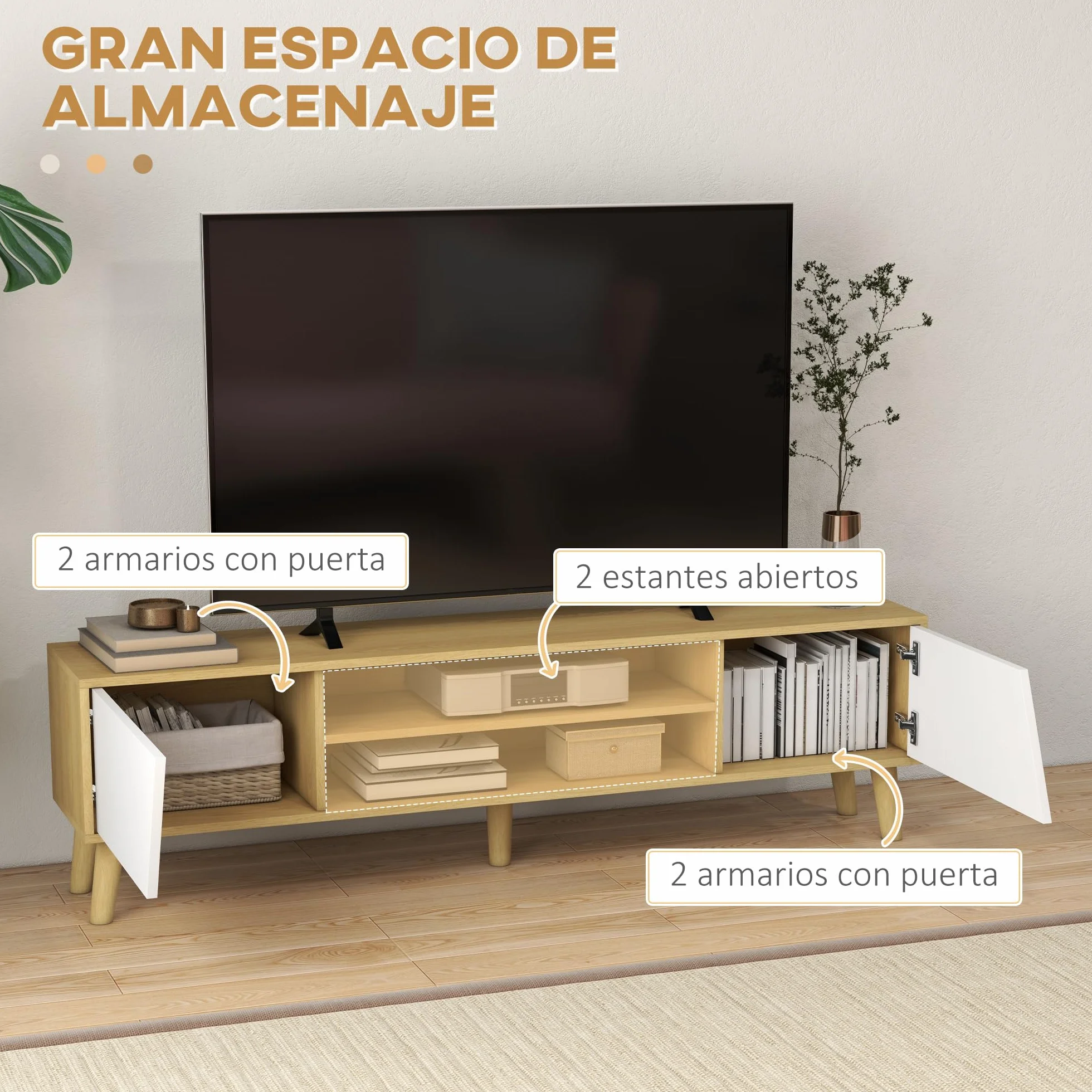 HOMCOM Mueble TV Mueble de Salón Mesa para TV con 2 Puertas 2 Estantes y 5 Patas de Madera para Televisores de hasta 65 Pulgadas, Montaje en suelo, 150x30x42 cm Roble