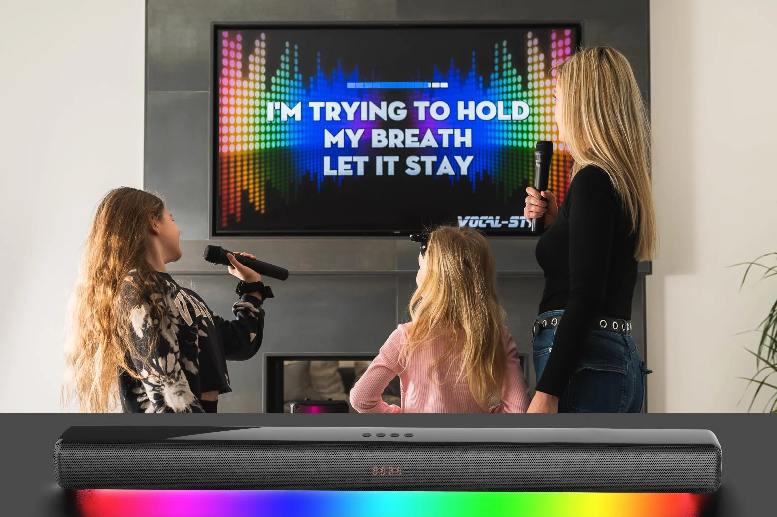 Máquina de Karaoke Vocal-Star, Altavoz de Barra de Sonido de 300 W, 2 micrófonos inalámbricos UHF, Efectos de luz, HDMI ARC, BT, AUX, óptico, Sistema de Entretenimiento Todo en uno