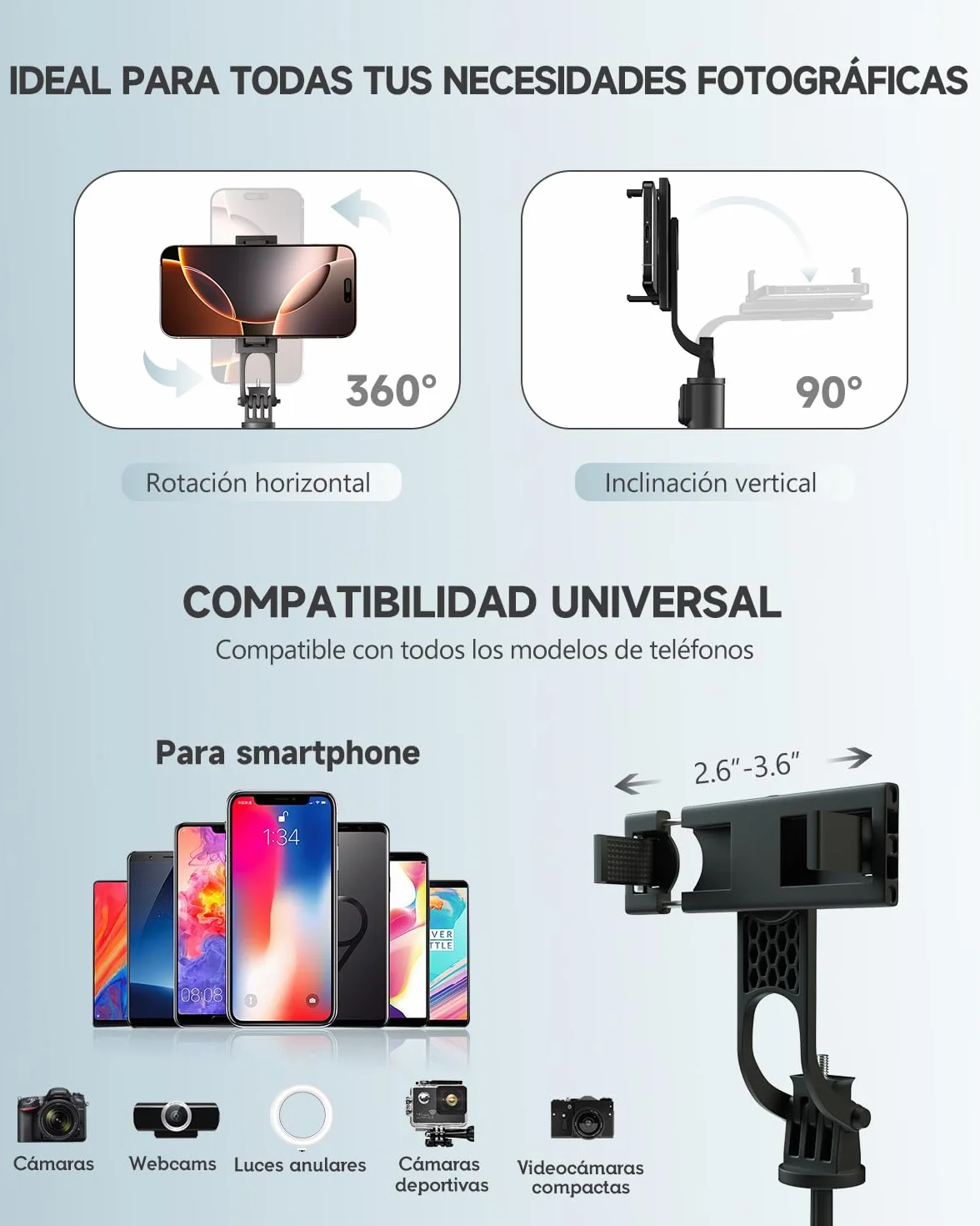 180cm Tripode para Movil & Palo Selfie - Tripode Movil Extensible Portátil con Mando Inalámbrico, Compatible con iPhone/Samsung/GoPro/Cámaras