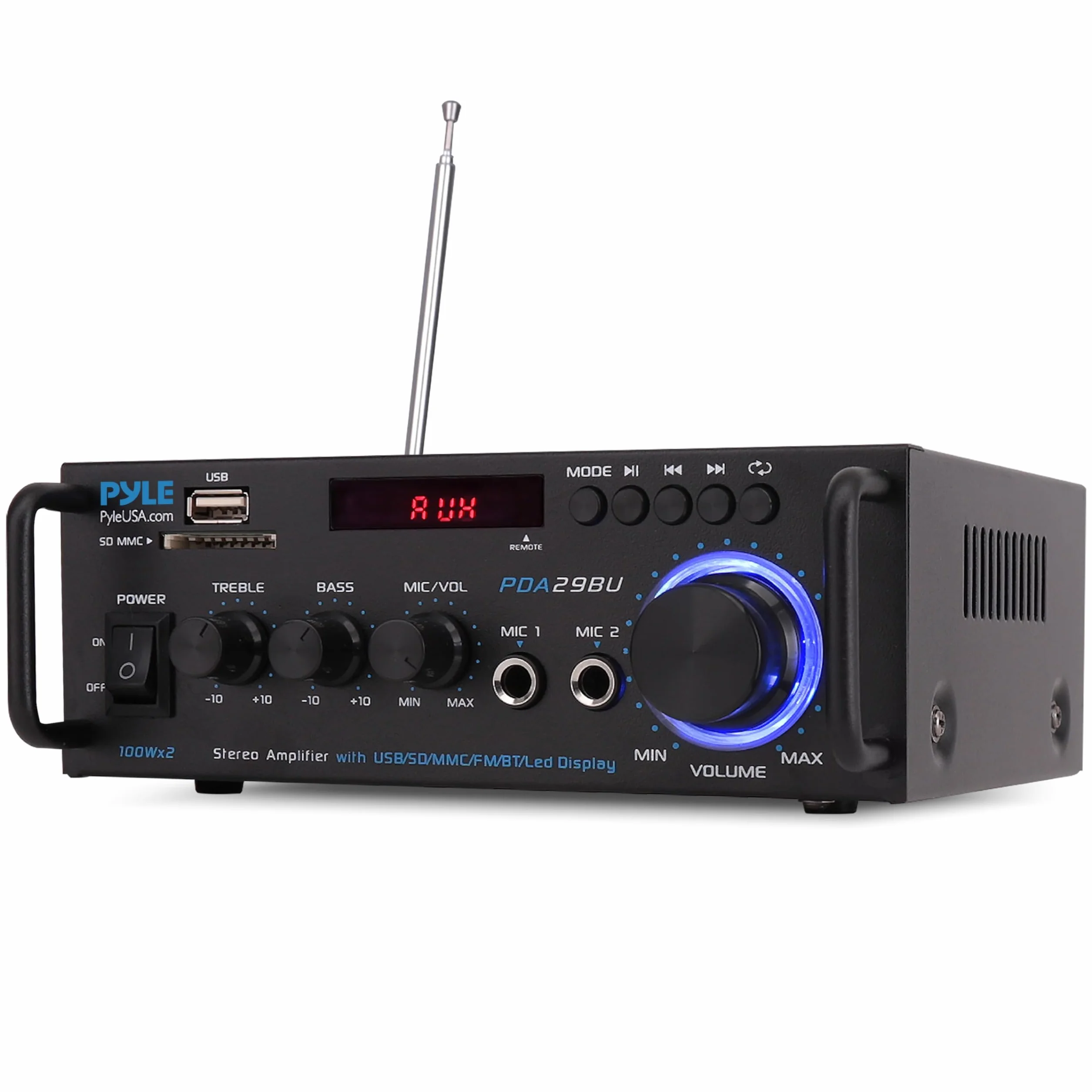 PyleUsa Receptor AV HiFi estéreo para el Hogar con RCA, USB, SD, 2 Micrófonos, Radio FM, Mando a Distancia, Sonido Envolvente para Cine en casa
