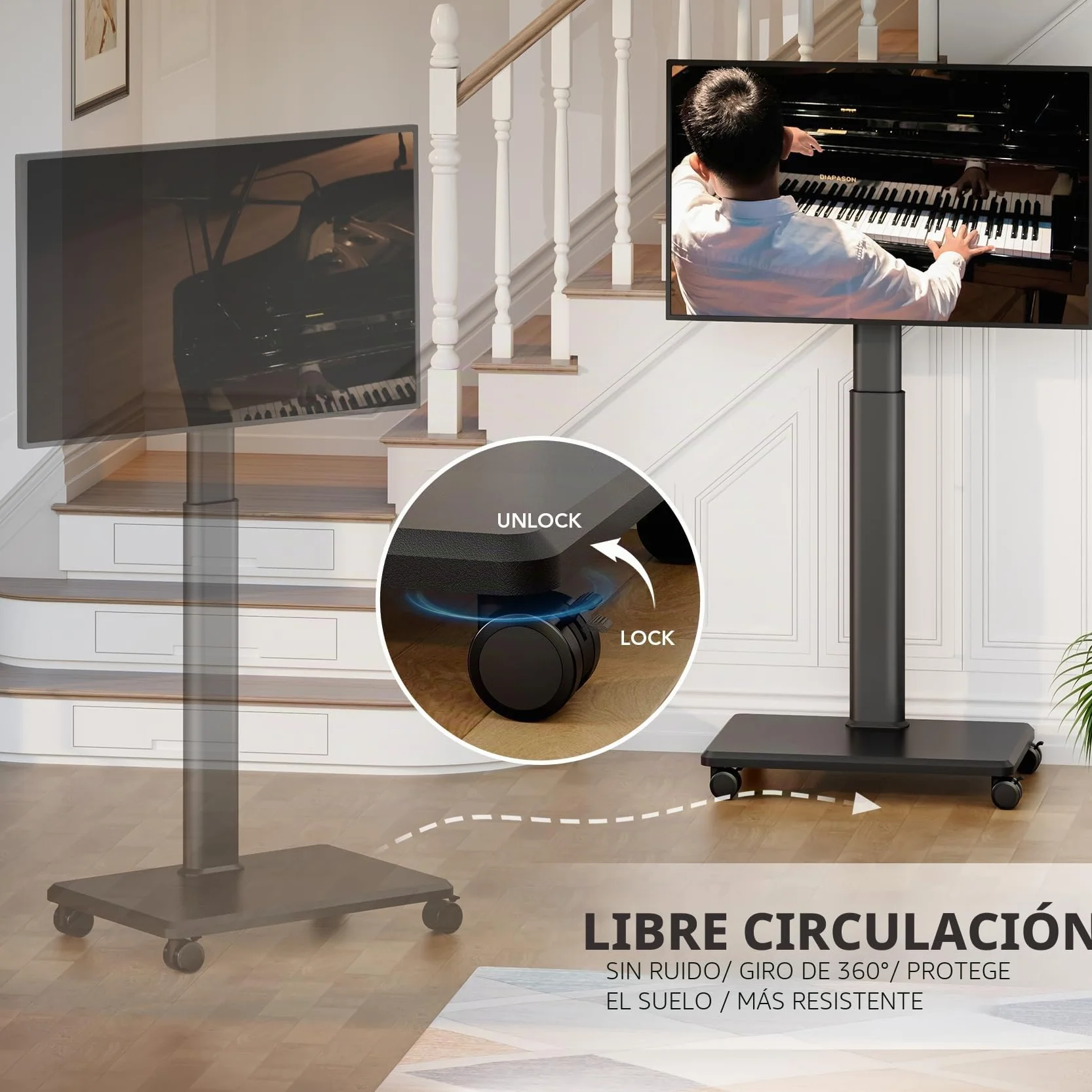 Soporte universal para TV de suelo con ruedas, ajustable en altura, giro 80°, para TV LCD LED OLED 27-65 pulgadas, 40 kg