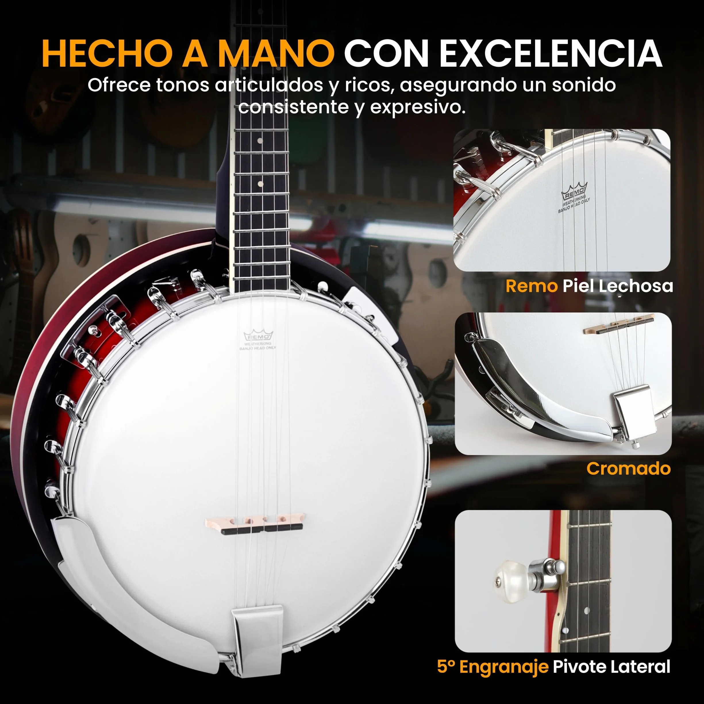 Pyle banjolele kit, Banjo, Remo head, Resonador de sapele, 39”, Tamaño tradicional, 5 cuerdas, Afinador engranado