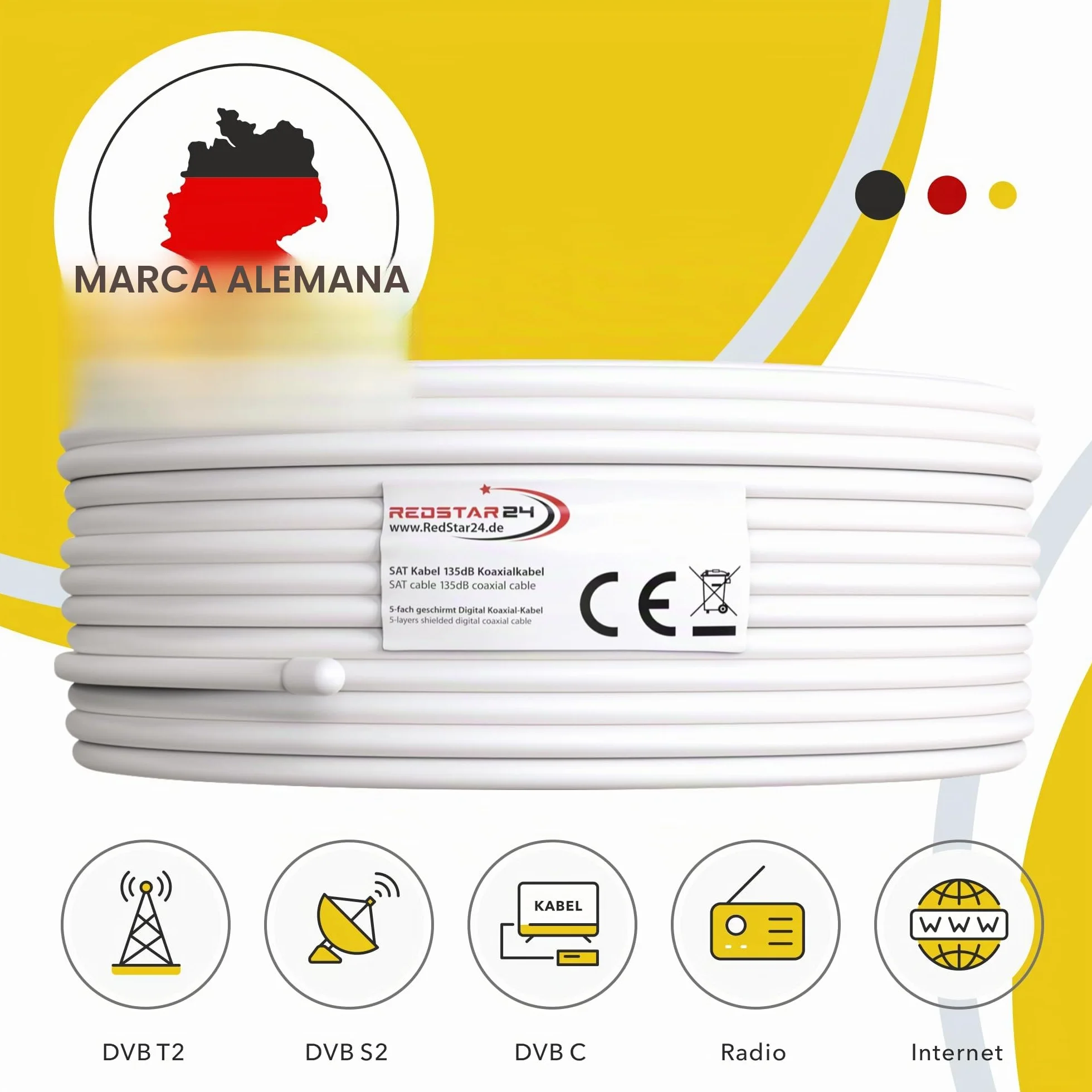 RedStar24 Cable Coaxial SAT 30m 135dB Clase A+ Blindaje 5x Ultra HD 4K DVB-S/S2 DVB-C/C2 DVB-T Antena Blanco 10 Conectores F