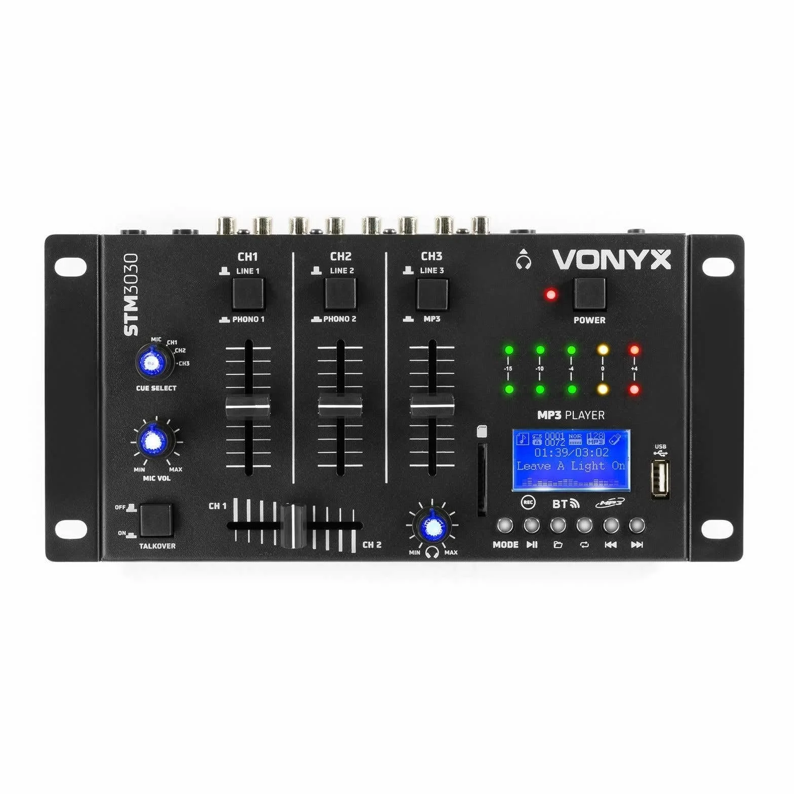 Vonyx STM3030 - Mezclador de 4 canales con reproductor de MP3 USB y tarjetas SD, conexión Bluetooth, funcion grabación en Wav, entrada para 2 micrófonos, talkover, 2 canales linea/phono, función cue