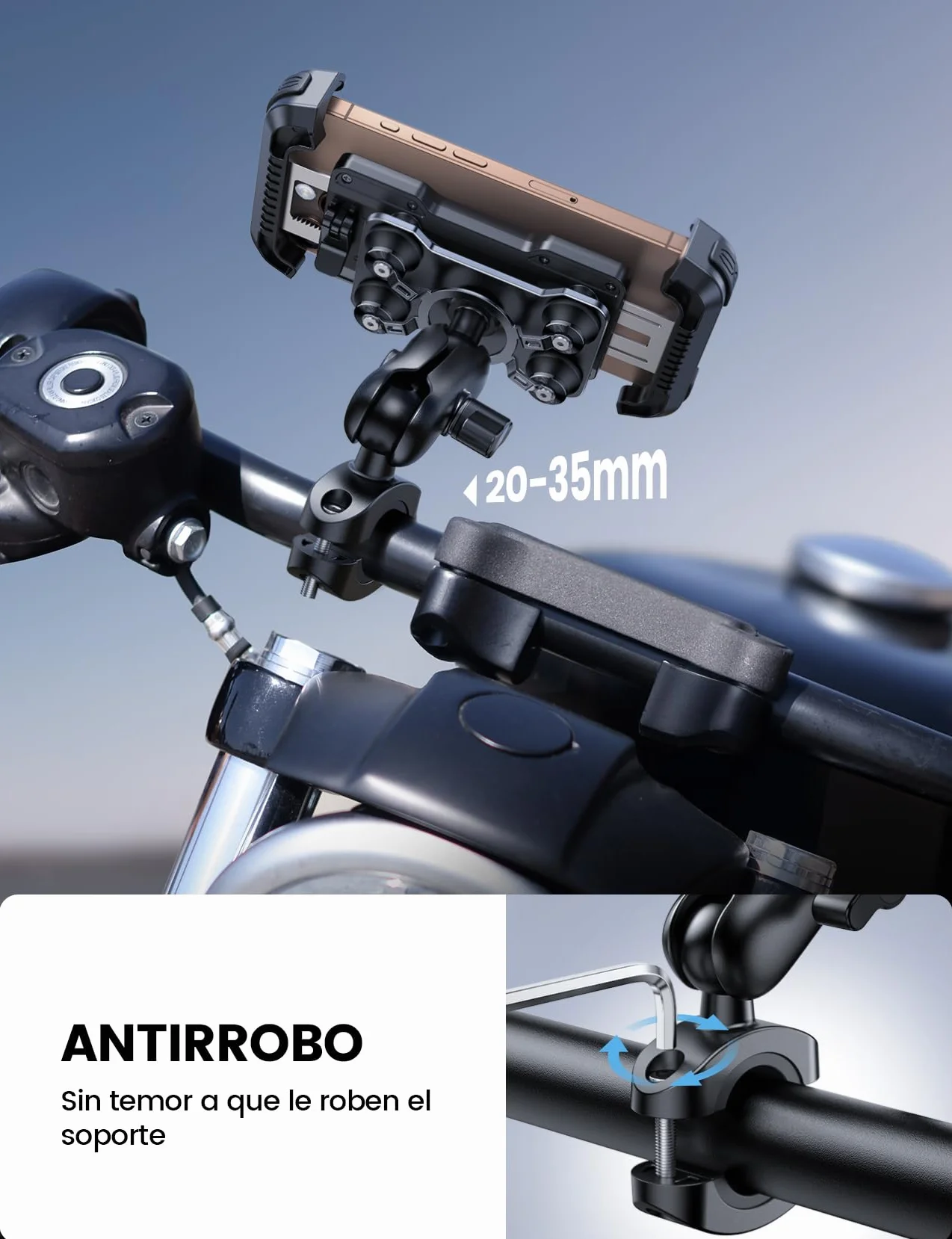 Lamicall Soporte Móvil Moto Doble Antivibración Brazo Extensible Metálico Antirrobo 360° Giratorio para iPhone 17 16 15 4,7-6,7"