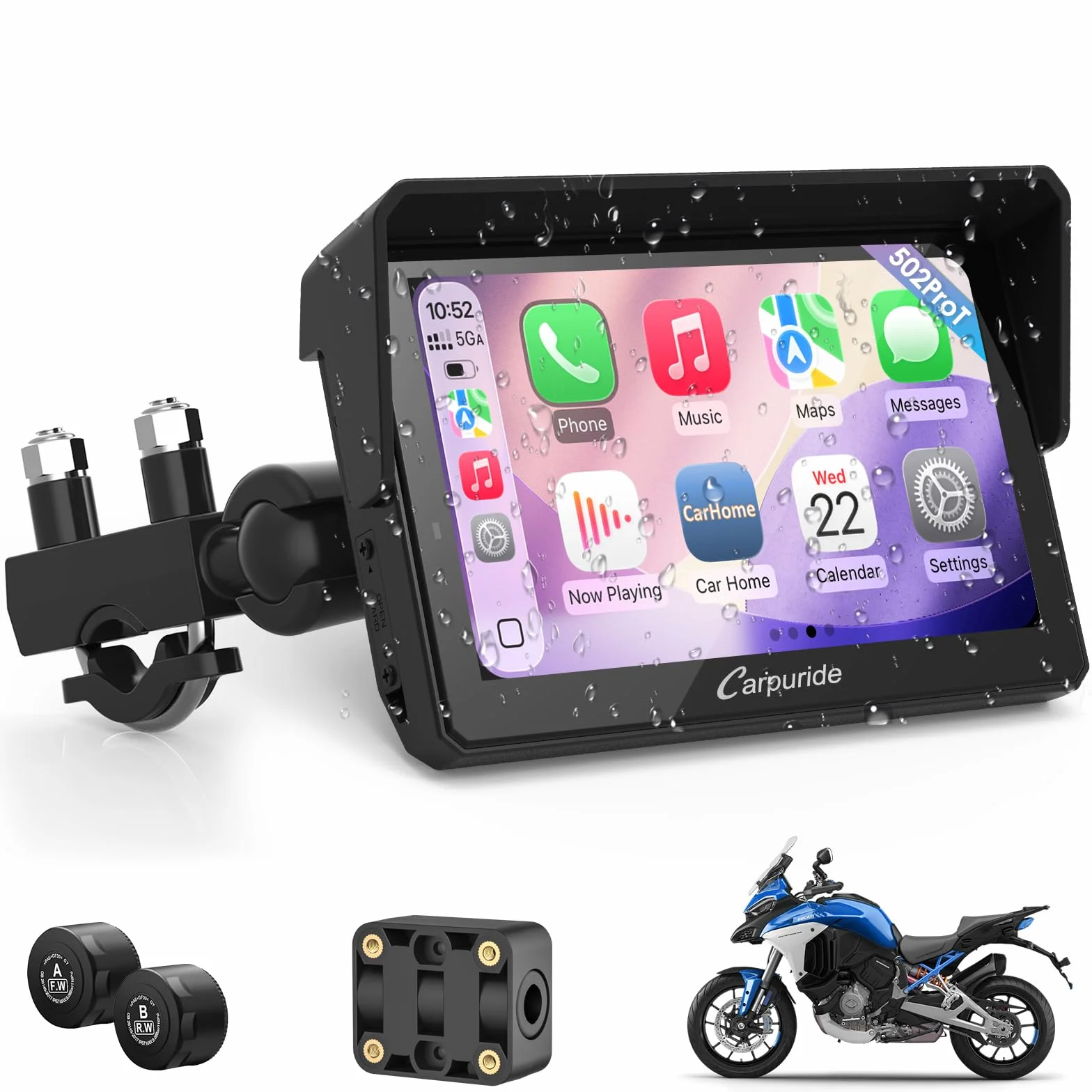 Carpuride W502TPRO Motocicleta CarPlay Android Auto TPMS Bluetooth GPS 5 Pulgadas Impermeable