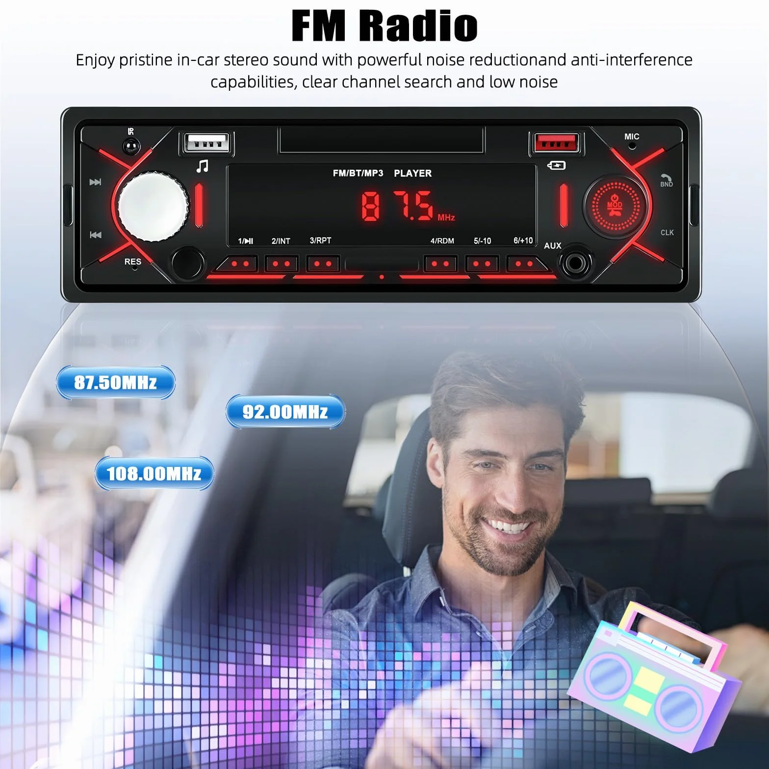 Radio de Coche Bluetooth 1 DIN, Autoradio soporta FM Radio, AUX/TF, Reproducción USB y Carga, Entrada de Disco Pantalla de Tiempo