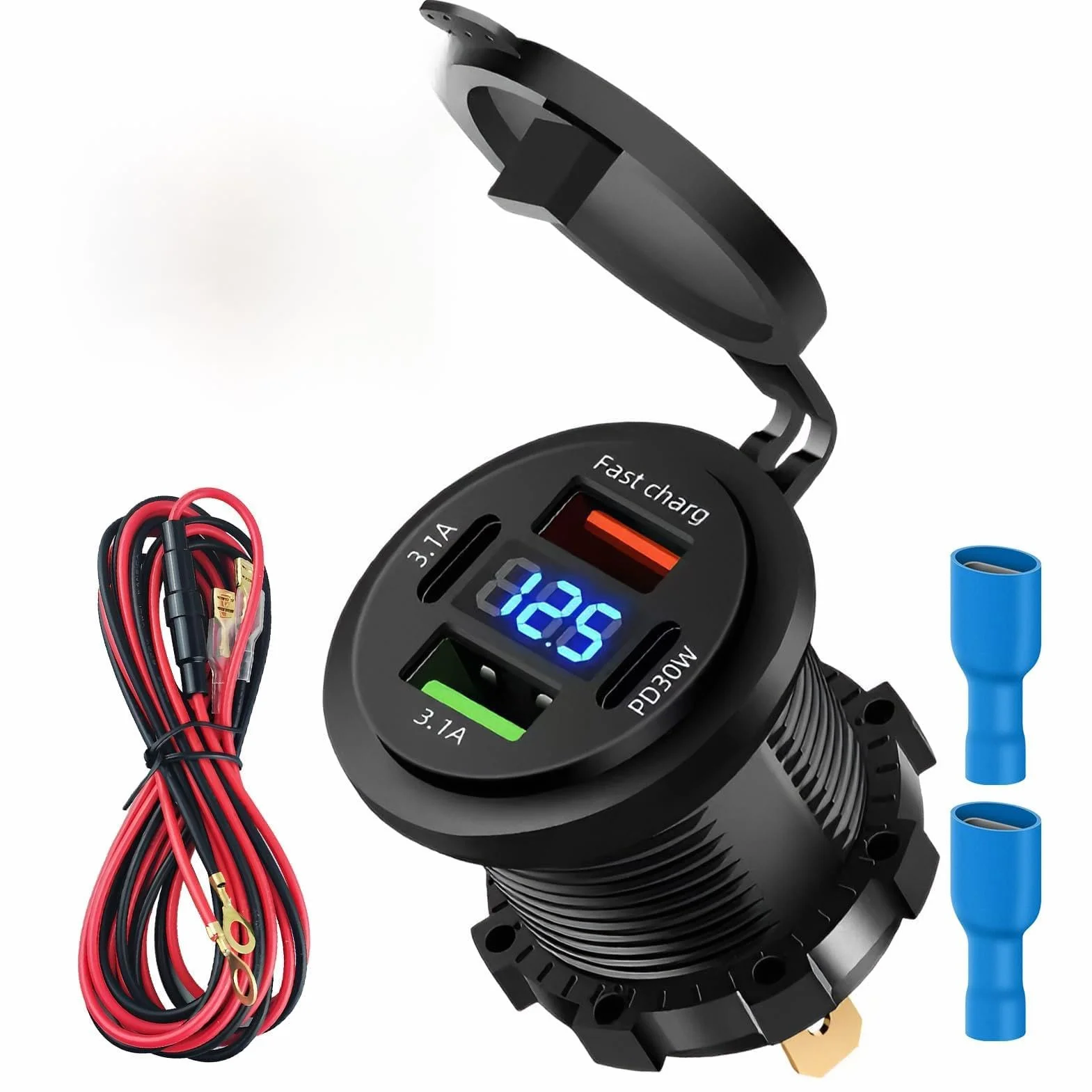 Cargador de Coche 12V 4 Puertos USB, Doble PD3.0 QC3.0 USB C Impermeable con Voltímetro