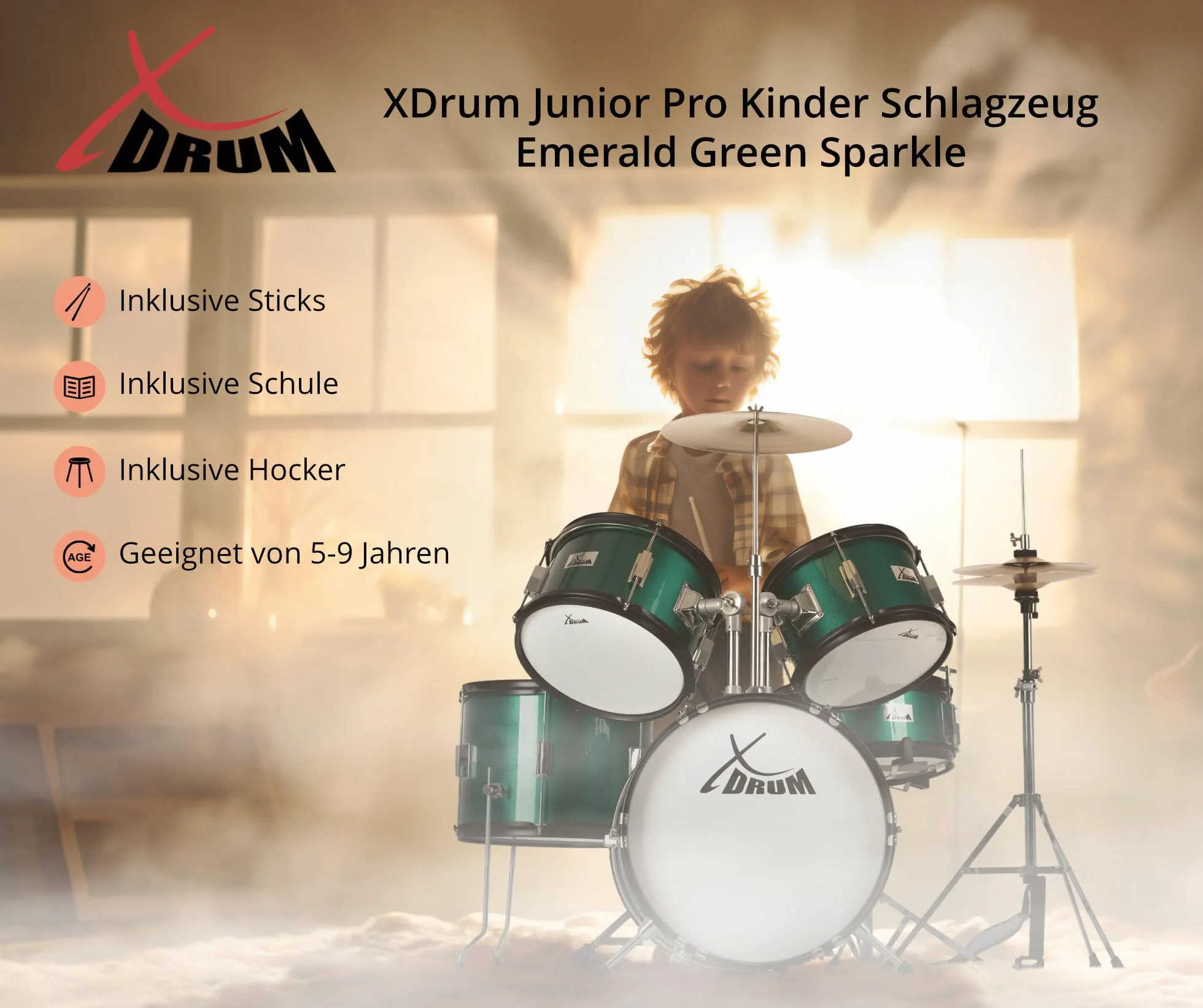 XDrum Junior Pro Batería Infantil Emerald Green Sparkle - adecuada de 5 a 9 años - Set de batería con accesorios completos - incl. escuela - verde