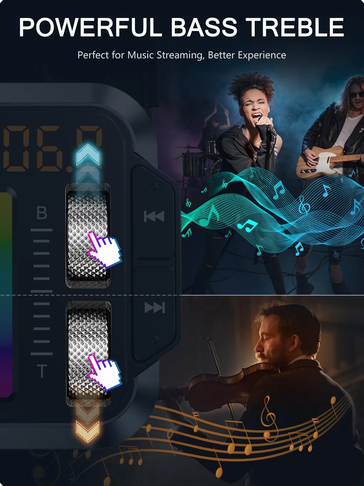 LENCENT Transmisor FM Bluetooth 5.3 para Coche, Reproductor Música con Sonido de Agudos y Graves Ajustable, Adaptador Radio Carga Rápida PD 20W y QC 3.0, Llamadas Manos Libres, Siri Google Assistante