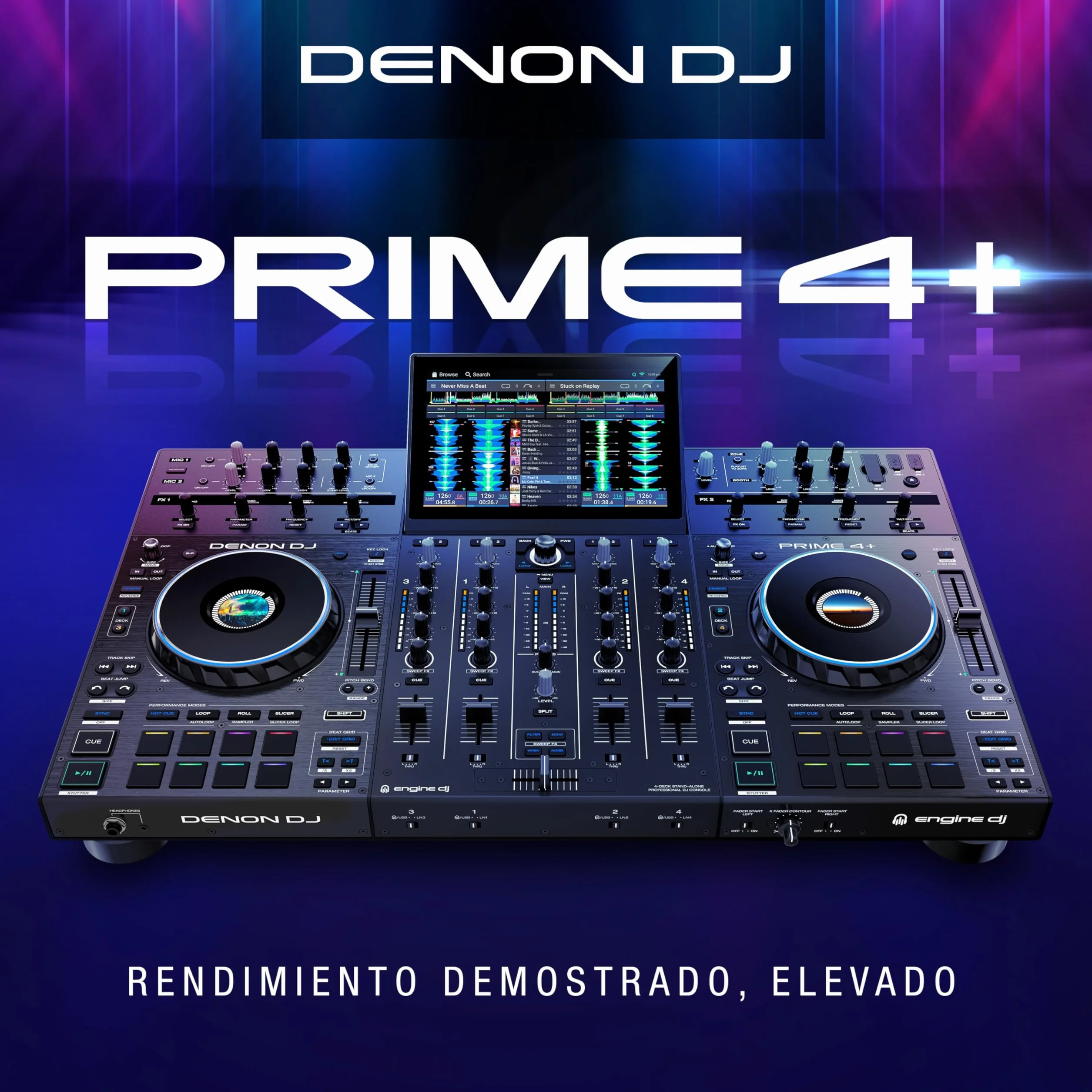 Denon DJ PRIME 4+ Controlador DJ Autónomo con Separación de Stems en 4 Decks, Streaming por WIFI, Mezclador, Pantalla Táctil 10.1-Pugadas, Control de Luces, Negro