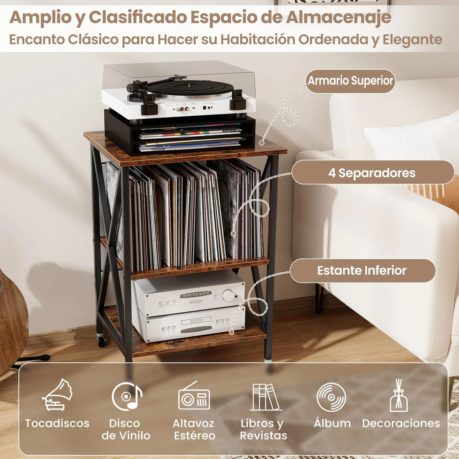 GIANTEX Soporte para Tocadiscos con Estación de Carga, 52 x 45 x 75 cm, Mesa Auxiliar con Espacio para Almacenar Discos de Vinilo, con 4 Ruedas, Estantería de Discos para Salón, Dormitorio (Marrón)