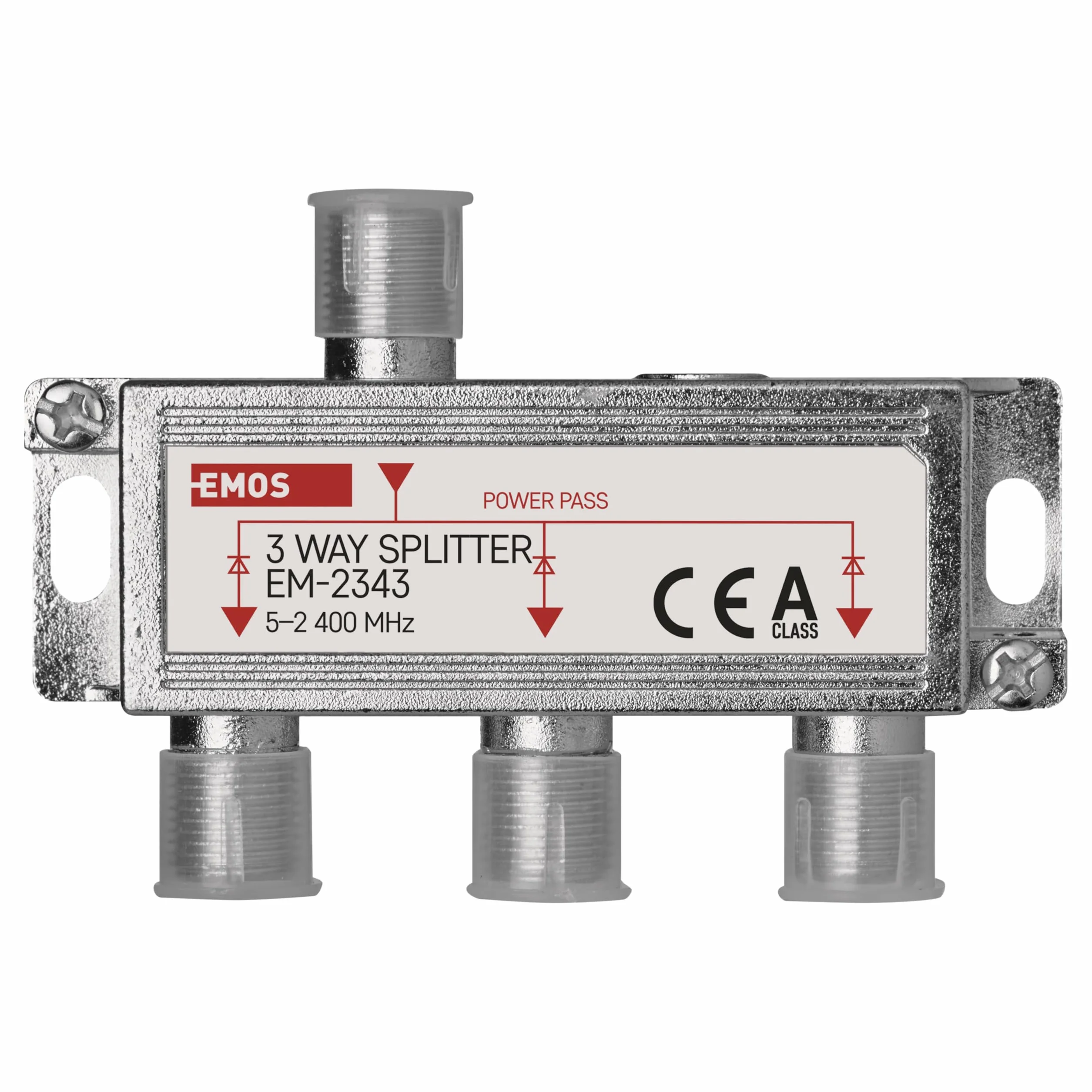 EMOS Distribuidor de antena de 3 vías, clase A, 3 vías, divisor SAT con conector F, totalmente blindado, 6 dB, frecuencia 5 – 2400 MHz, 1 entrada/3 salidas, antena SAT+TV, distribuidor de televisión