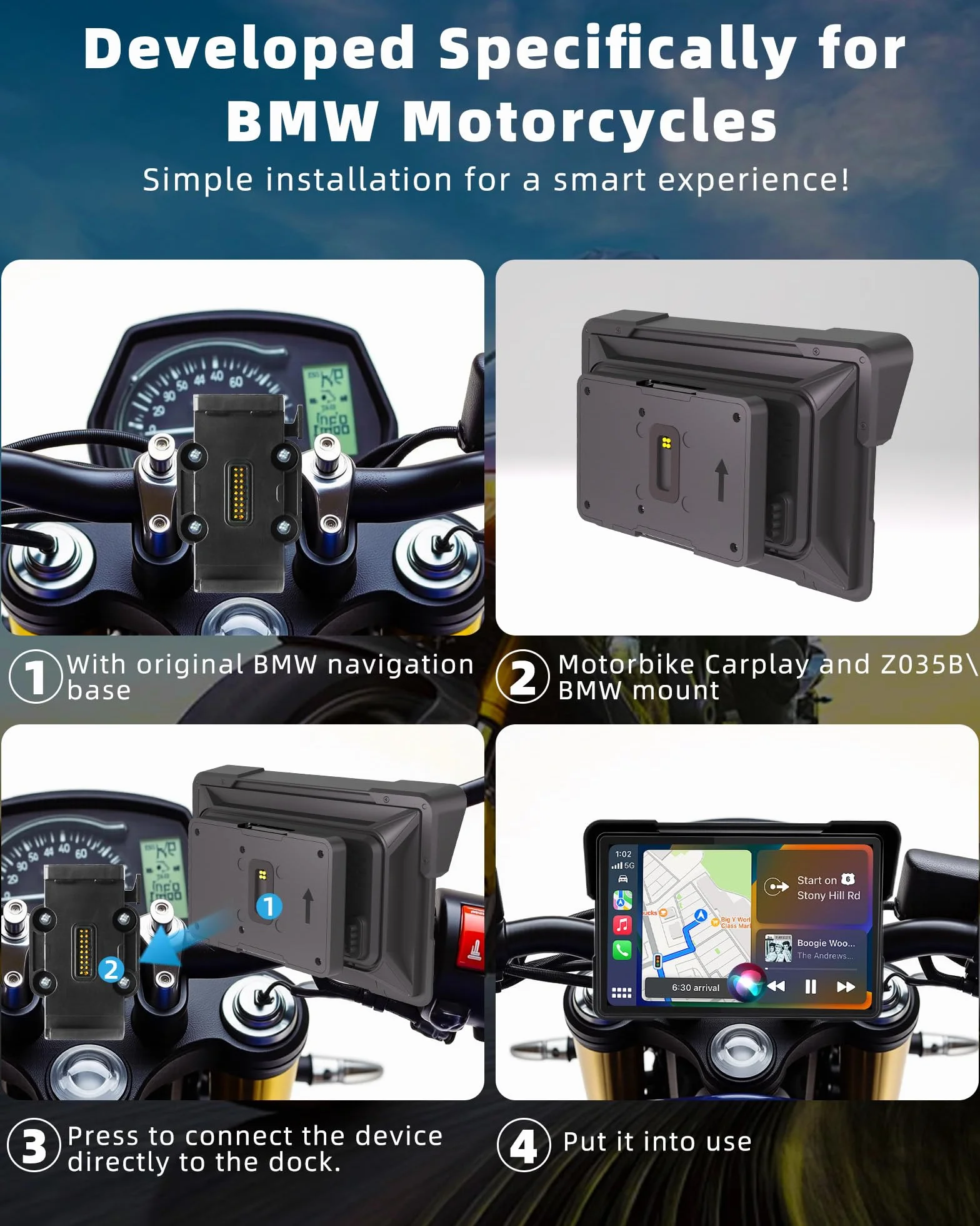 Carplay Moto para Motocicletas BMW, 7" Pantalla Navegador Moto Inalámbrico CarPlay y Android Auto, Fácil de Instalar Resistencia al Agua IP67, Bluetooth, Navegación GPS, Siri/Google Asistente