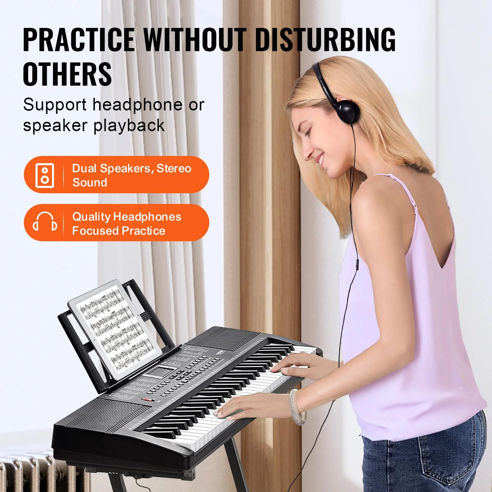 VEVOR 61 Teclas Piano de Teclado Digital Portátil 200 Tonos, 200 Ritmos con 60 Canciones de Demostración, Altavoces Duales Integrados, Auriculares, Micrófono y Pegatinas de Piano para Principiantes