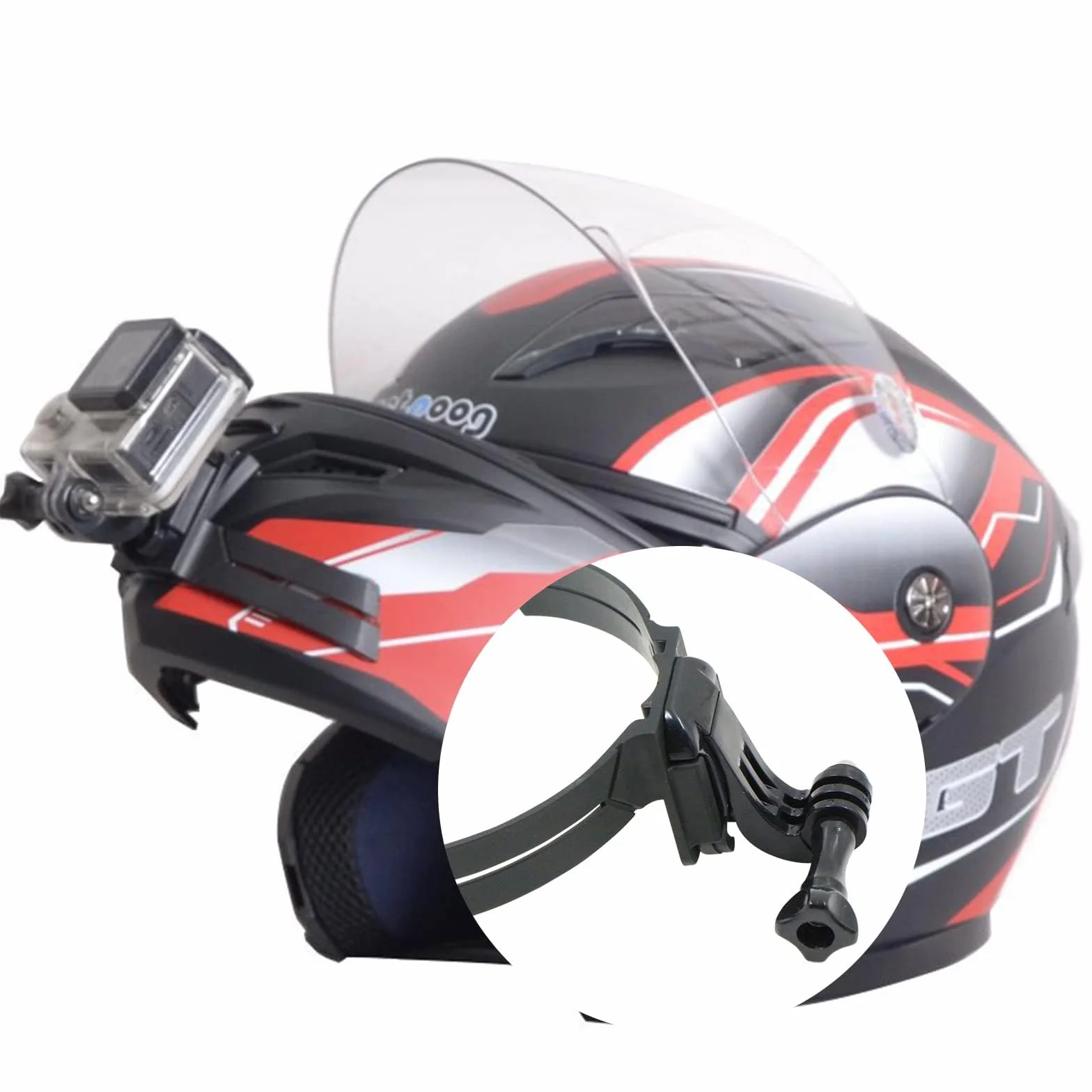 Soporte de Correa Casco Motocicleta - la Barbilla Delantera Montaje Curvado para Montaje GoPro, Soporte Curvado, Compatible con Otras cámaras Deportivas, 1 Pieza, Negro