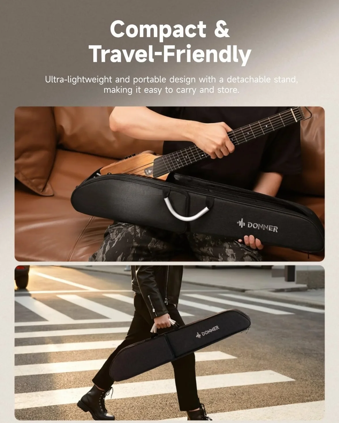 Donner HUSH-I Guitarra Portátil sin Cabeza - Guitarra Acústica-Eléctrica de Rendimiento Ultraligero y Callado para Viajes, Cuerpo de Arce con Marcos Removibles, Bolsa de Transporte y Accesorios