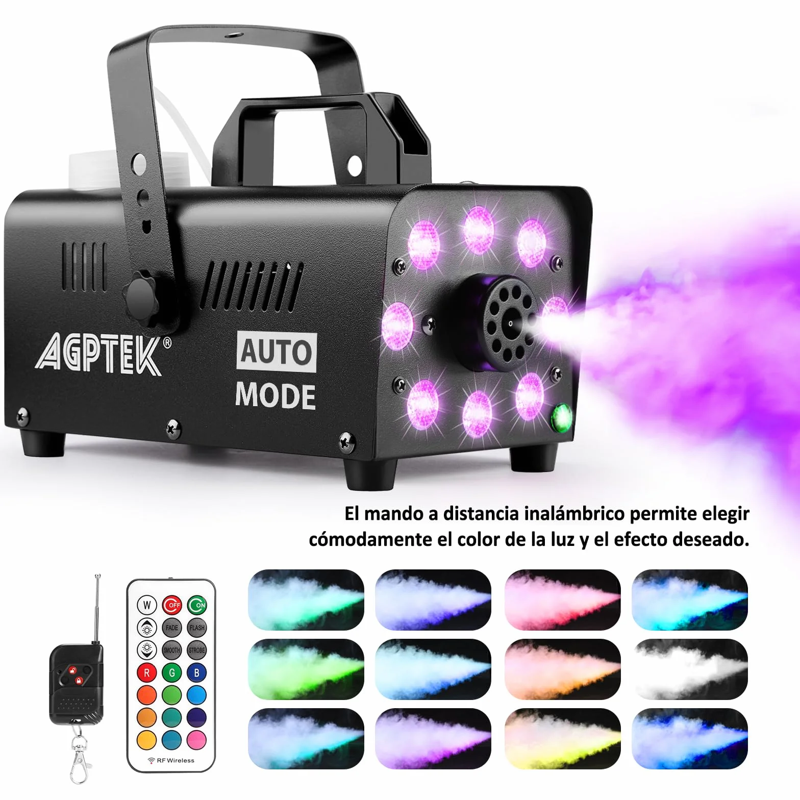 AGPtEK Máquina de Humo con 8 LED y 13 Colores de luces LED, Efectos RGB, Funcionamiento Separado con 2 controles remotos con cable e inalámbricos, para Fiestas Navidad, Bodas,Escenarios,Discoteca,DJ