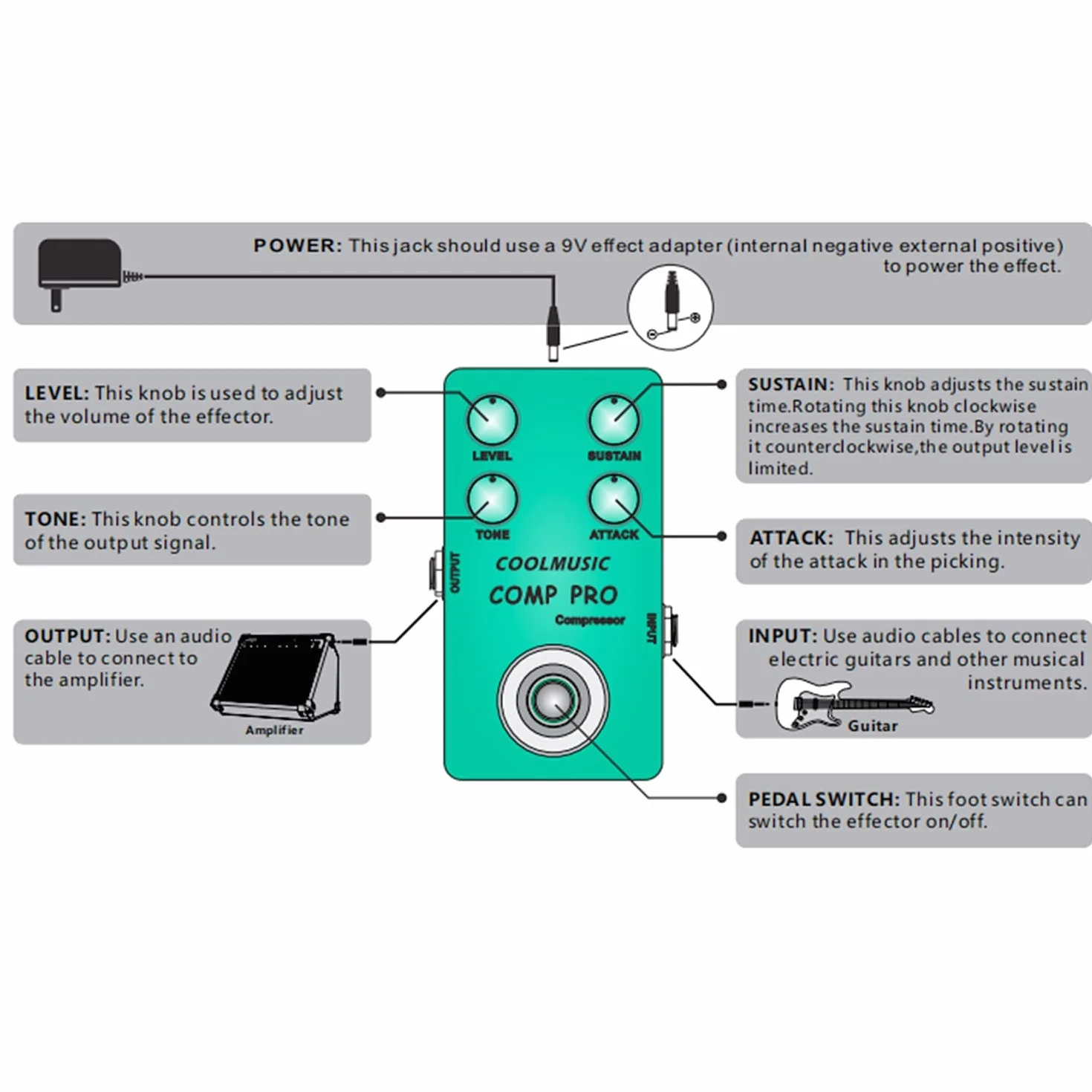 Coolmusic C-CS01 Pedal de compresor, pedal de guitarra Comp Efecto de compresión Guitarra eléctrica y bajo True Bypass