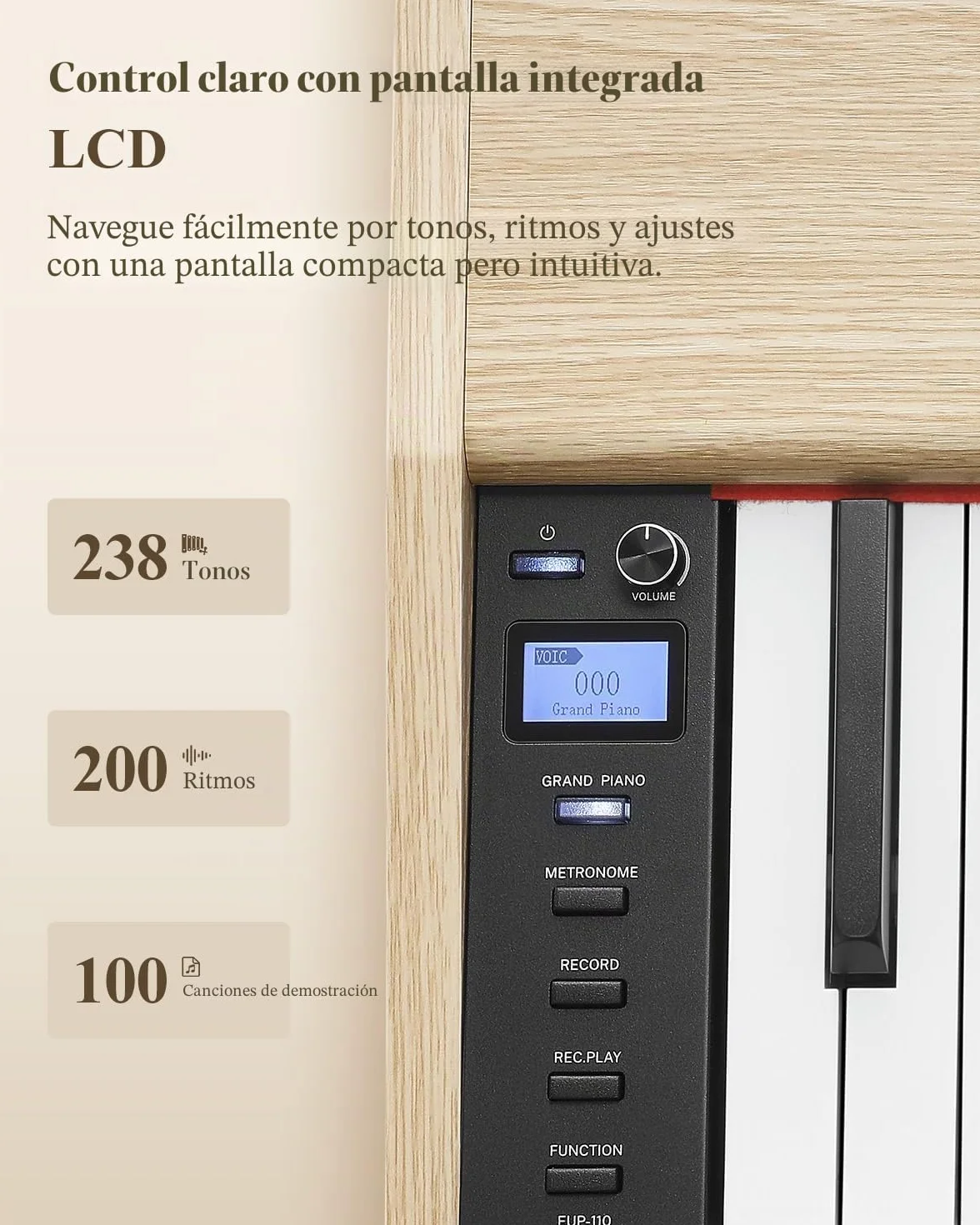 Eastar EUP-110 Piano Digital 88 Teclas Contrapesadas, Piano Eléctrico para Principiantes, con Auriculares, Pegatinas Musicales, Pantalla, 3 Pedales, Conexión Inalámbrica, Grabación - Madera Clara