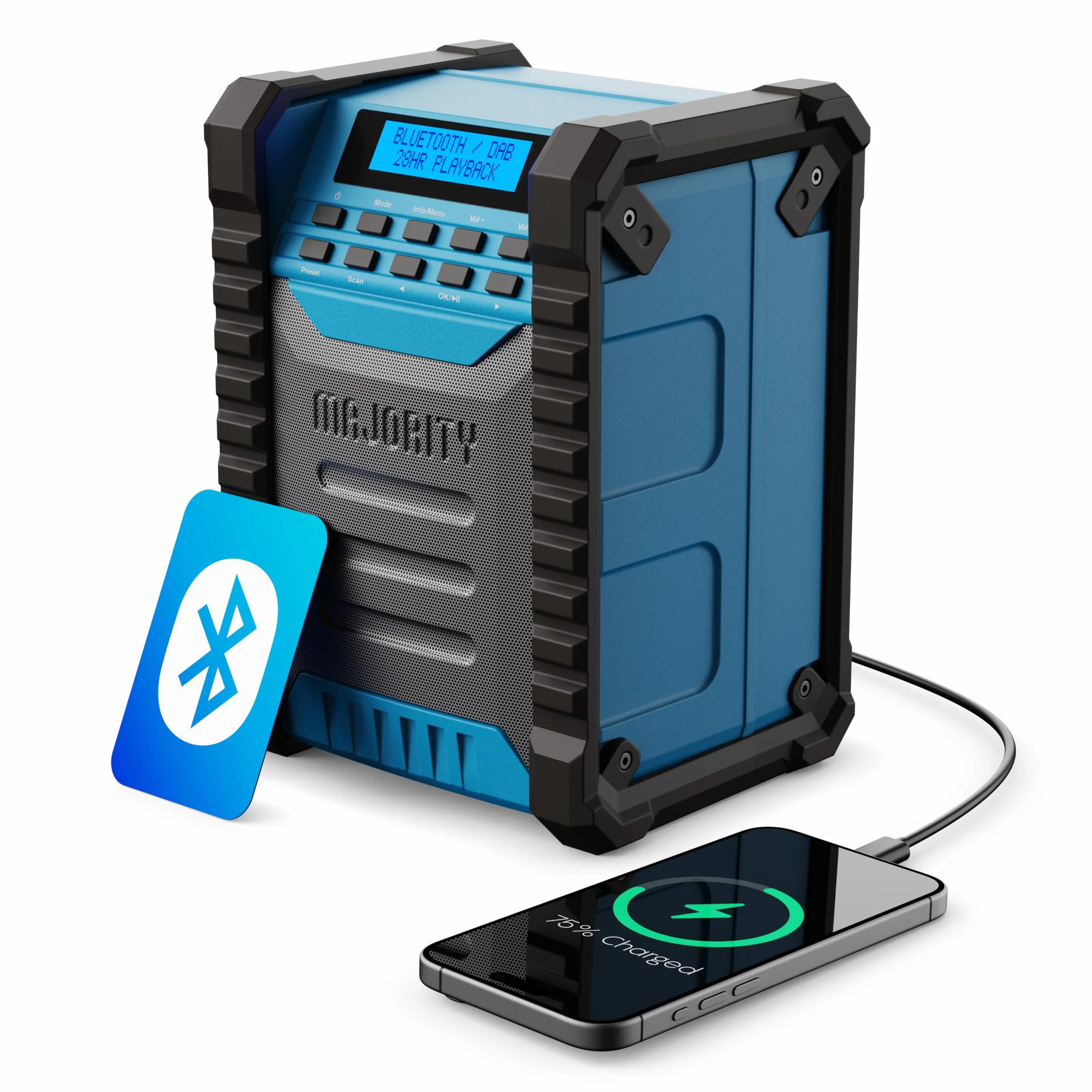 MAJORITY Landbeach Radio de Obra Portátil | Batería de 10.000 mAh Dab+ & FM Digital Radio con Bluetooth | Clasificación de Protección IP54 contra Polvo y Agua | 40 Presets and 6 EQ