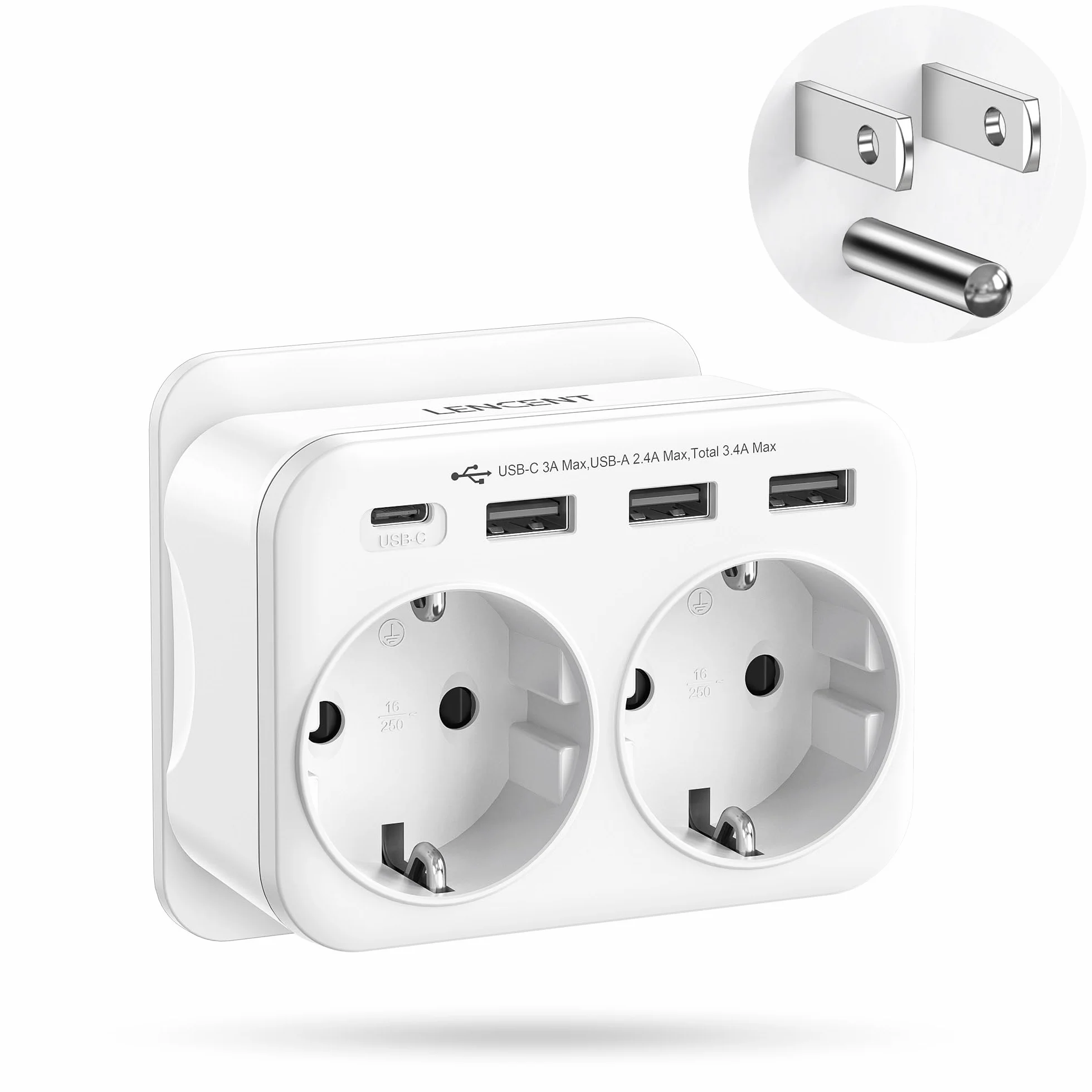 LENCENT Adaptador Enchufe USA/EE.UU, Adaptador Americano de Viaje con 3 Puertos USB y 1 Puerto USB-C, Europa Español 2-Pin a 3-Pin EEUU para México, Canada, Tailandia, Perú, Colombia, Tipo B Blanco
