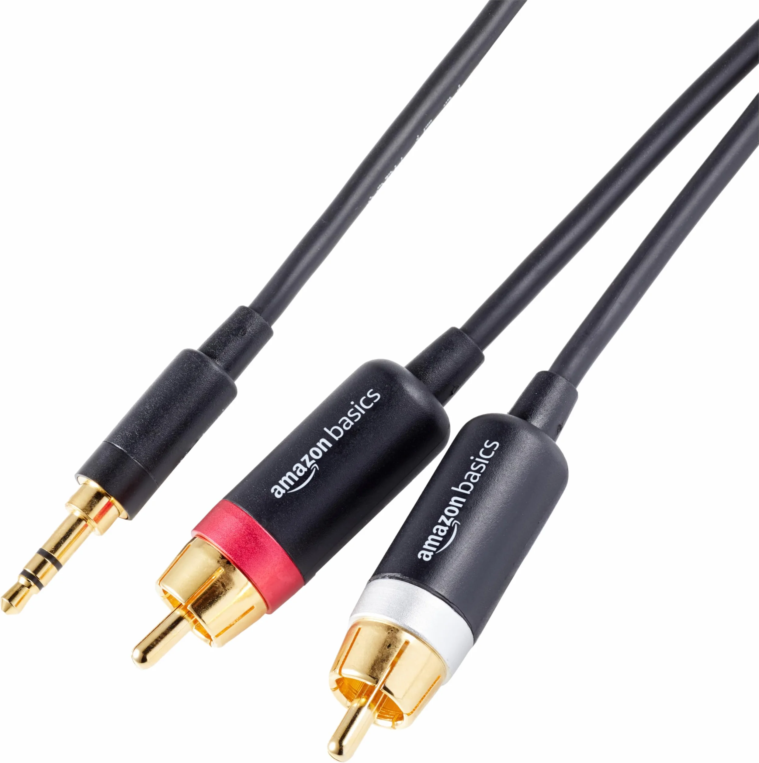 Amazon Basics Cable de Audio Adaptador 3,5 mm Auxiliar a 2 RCA, Conectores chapados en Oro, 1.2 m, Negro
