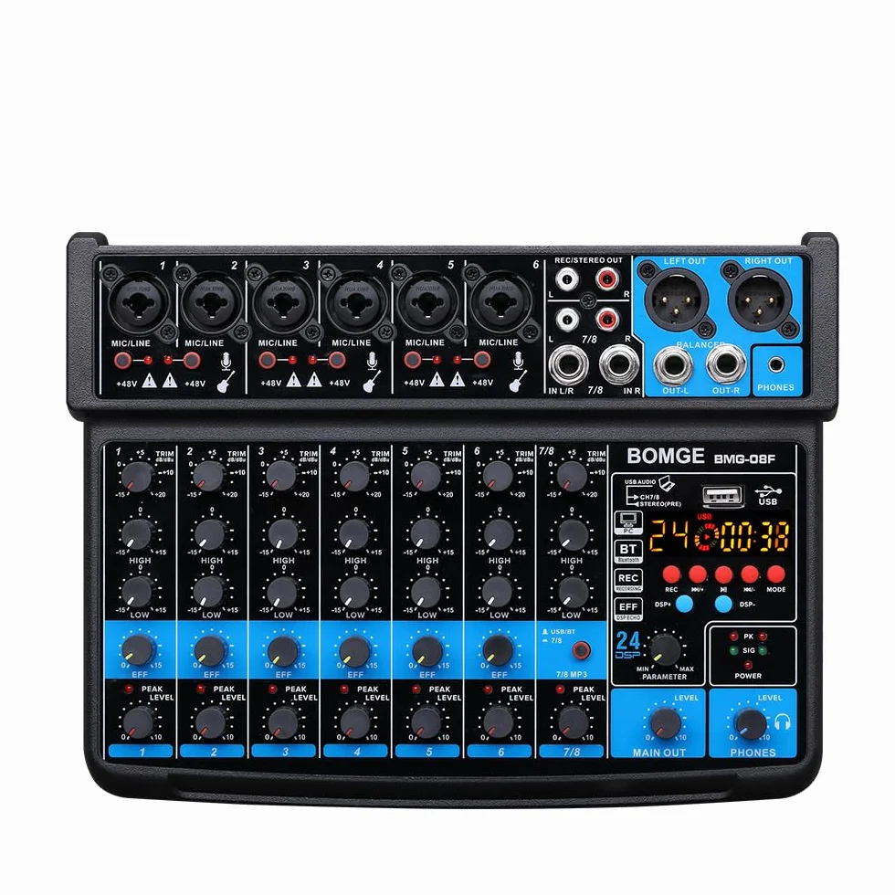 BOMGE Mini mezclador de audio de 8 canales, CC 5 V, con reproductor de MP3, Bluetooth, U disco 48 V, efectos 24DSP, grabación USB, ideal para clubes pequeños o bares, grabación de estudio (8 canales