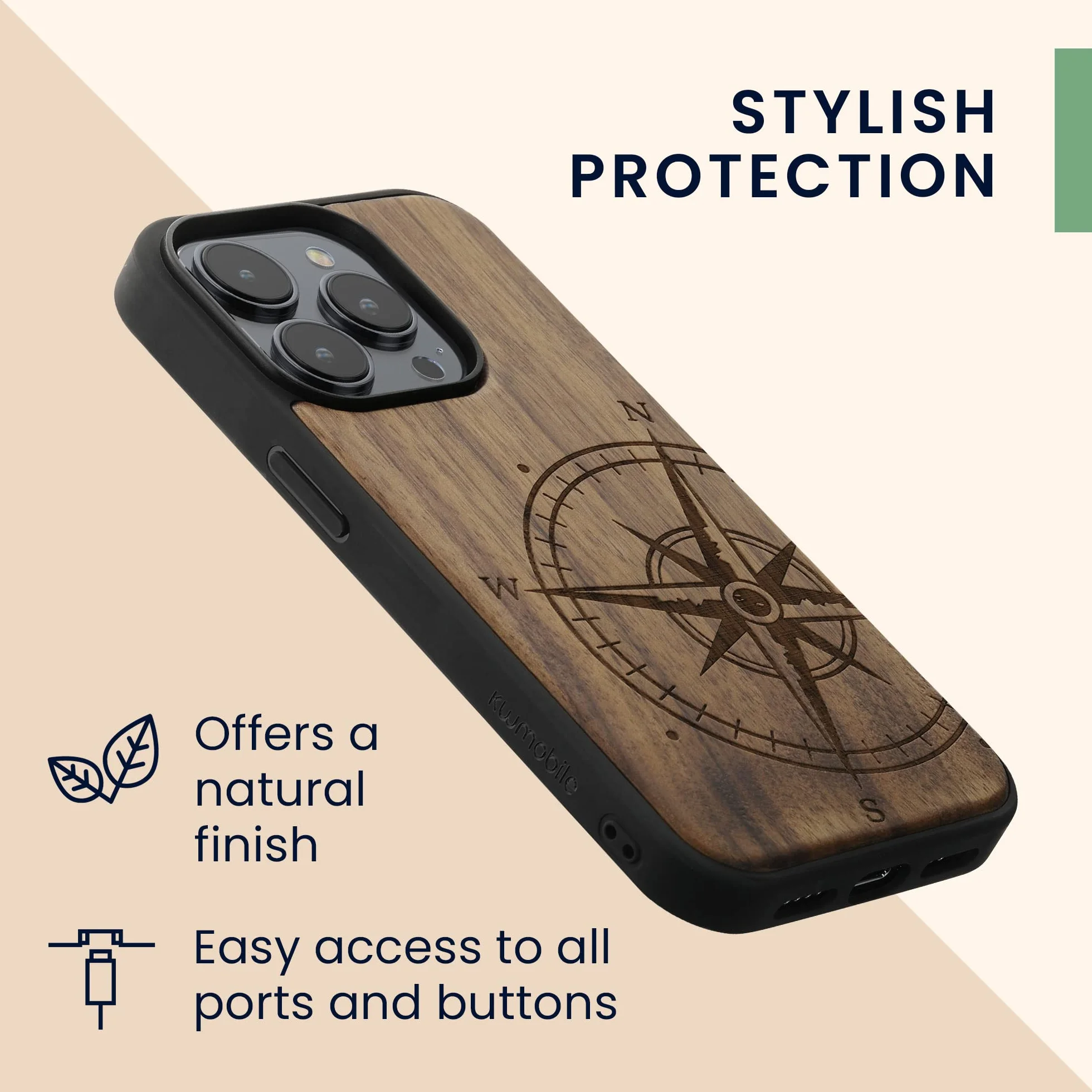 kwmobile Funda para Apple iPhone 14 Pro - Carcasa de Madera con Bumper Antigolpes y Aguja Magnética