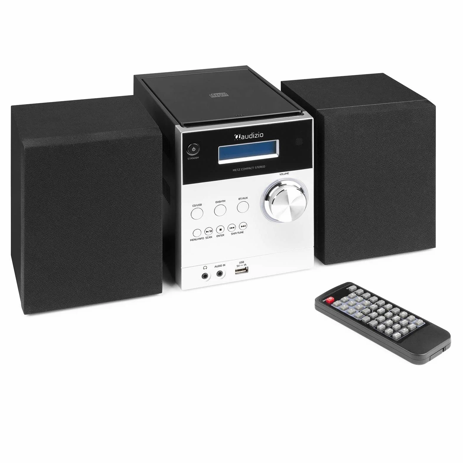 Audizio Metz Equipo de música HiFi con Altavoces, Minicadena con Radio Dab+, Bluetooth, Reproductor de CD, Entrada USB, Entrada Auxiliar, Incluye Mando a Distancia, Mini Cadena Color Aluminio