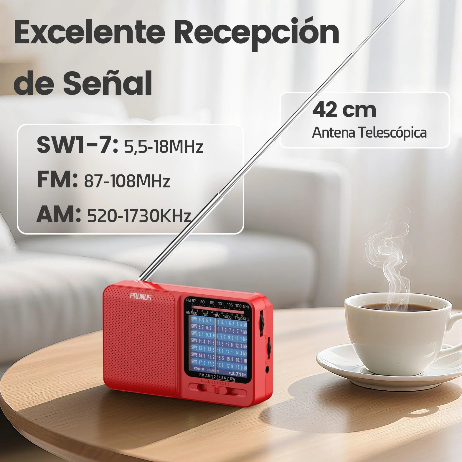 PRUNUS J-711 Radio Portátil Pequeña Recargable AM/SW/FM, Transistor con Pilas AA y USB-C, Rojo