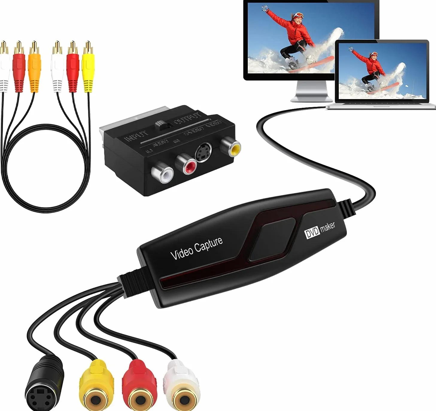 DIGITNOW!Convertidor de Captura de Vídeo USB,Hi8 VHS a DVD Digital Grabber Grabador ,Capturadora de Audio Vídeo para Mac Windows,Digitalizadora y Edite con Adaptador Scart/AV