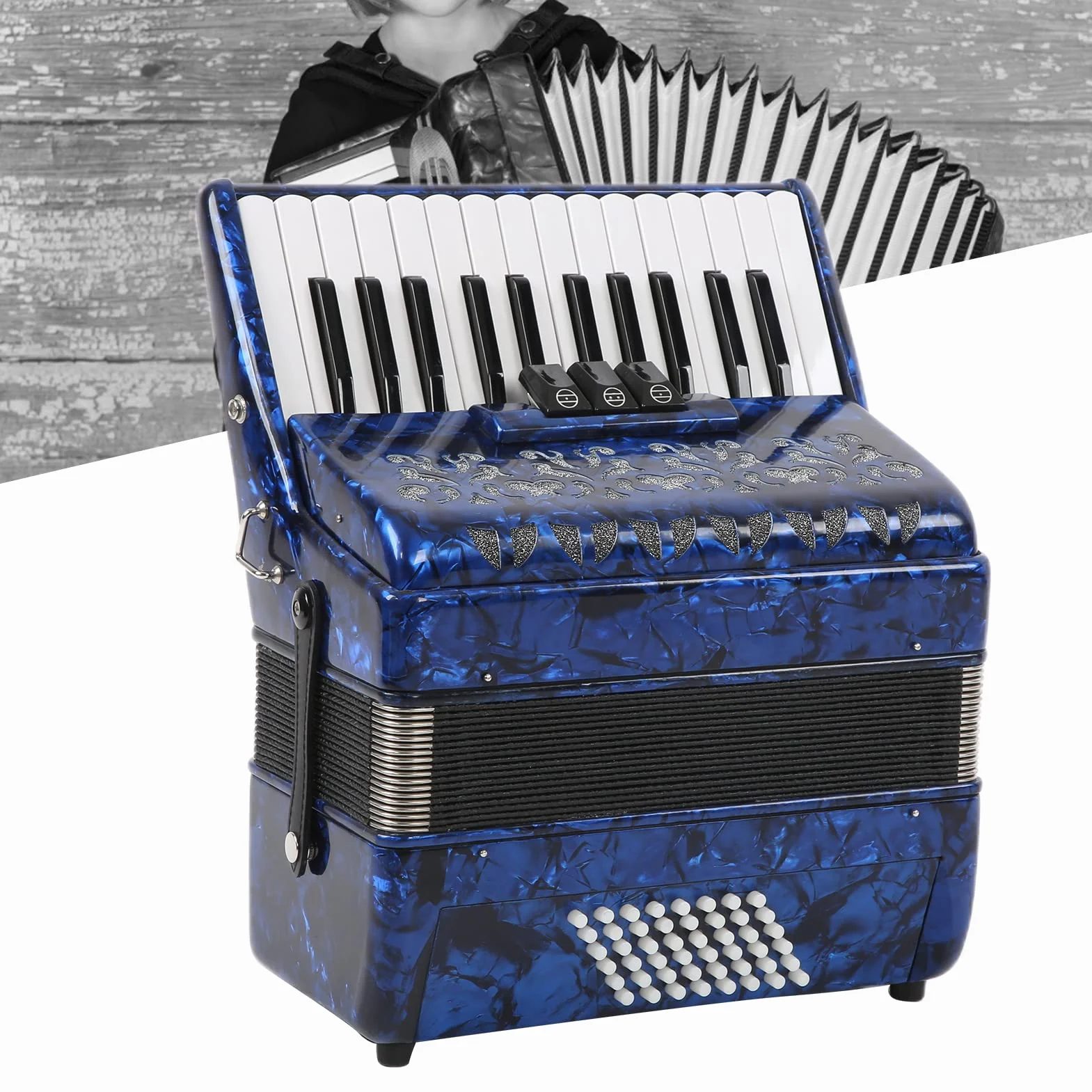 Acordeón de Celuloide, Acordeón Diatónico ABS 26 Teclas 48 Bajos Instrumento de Teclado de Piano Educativo con Correas Ajustables, Exquisito Acordeón de Piano de Celuloide para