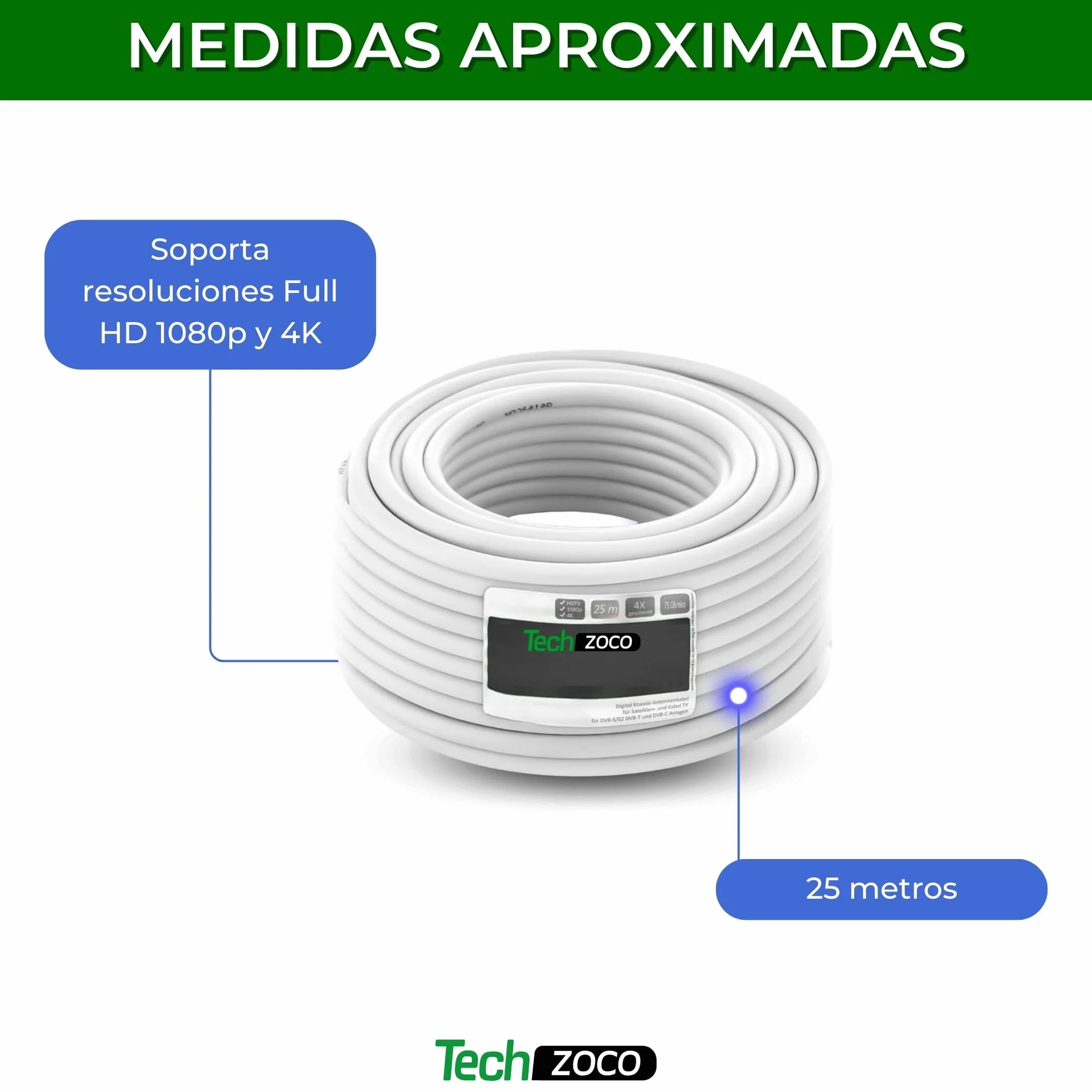 TECHZOCO Cable Coaxial SAT, Cable Antena TV 90 dB, Cable televisión Doble apantallamiento, Compatible con DVB-S/S2, DVB-T/T2, DVB-C/C2, 4K 1080p, Incluye 10 conectores F, Blanco, 25 Metros