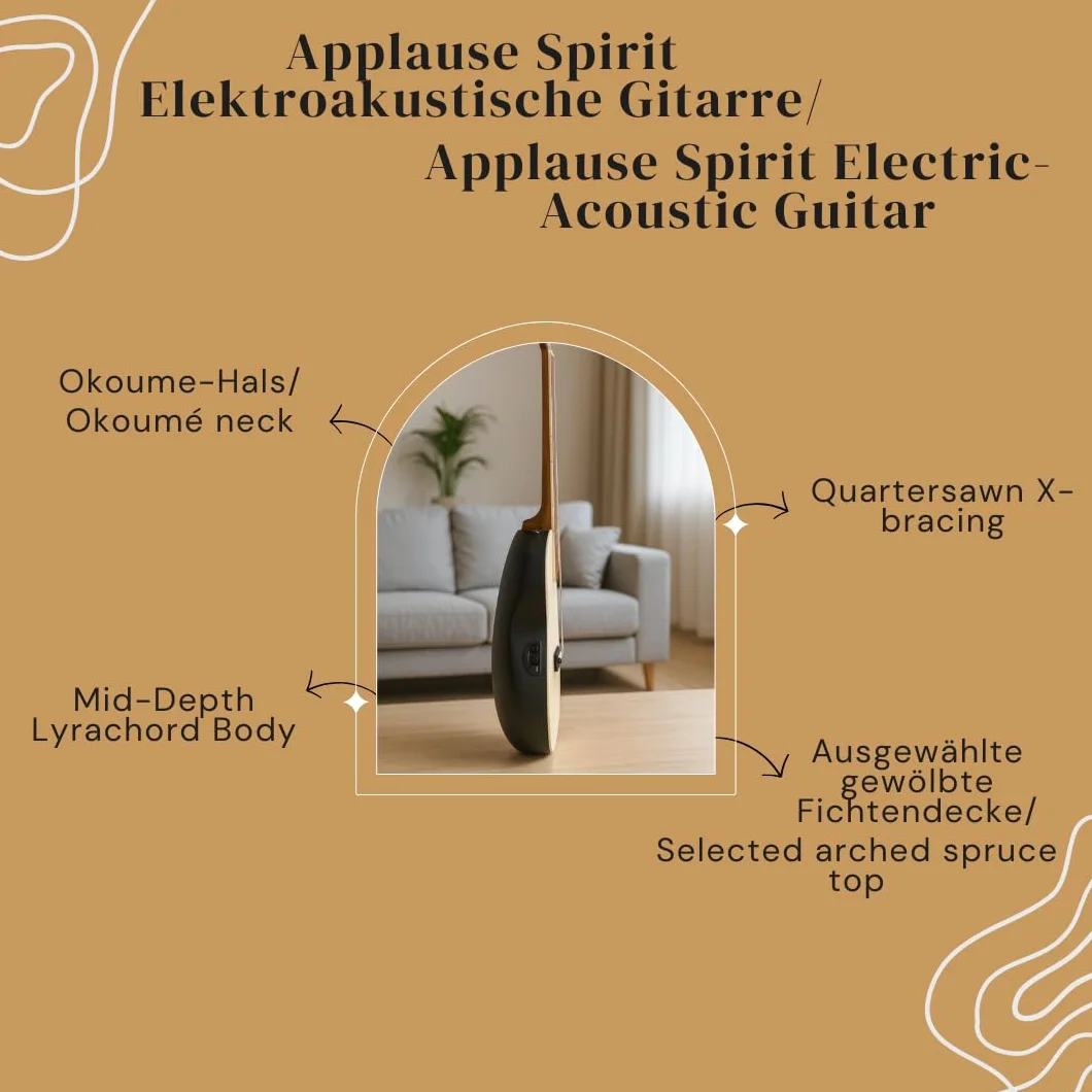 Applause Guitarra electroacústica Spirit - tapa de abeto seleccionada - cuerpo Lyrachord de profundidad media - Cutaway - Preamplificador AP2T + afinador - Natural - AAE-044-4S