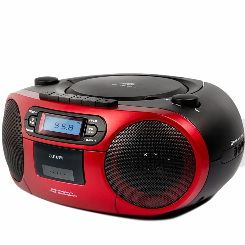 Aiwa BBTC-550RD Radio Cassette Portátil con CD Bluetooth USB Grabador Cassettes Rojo