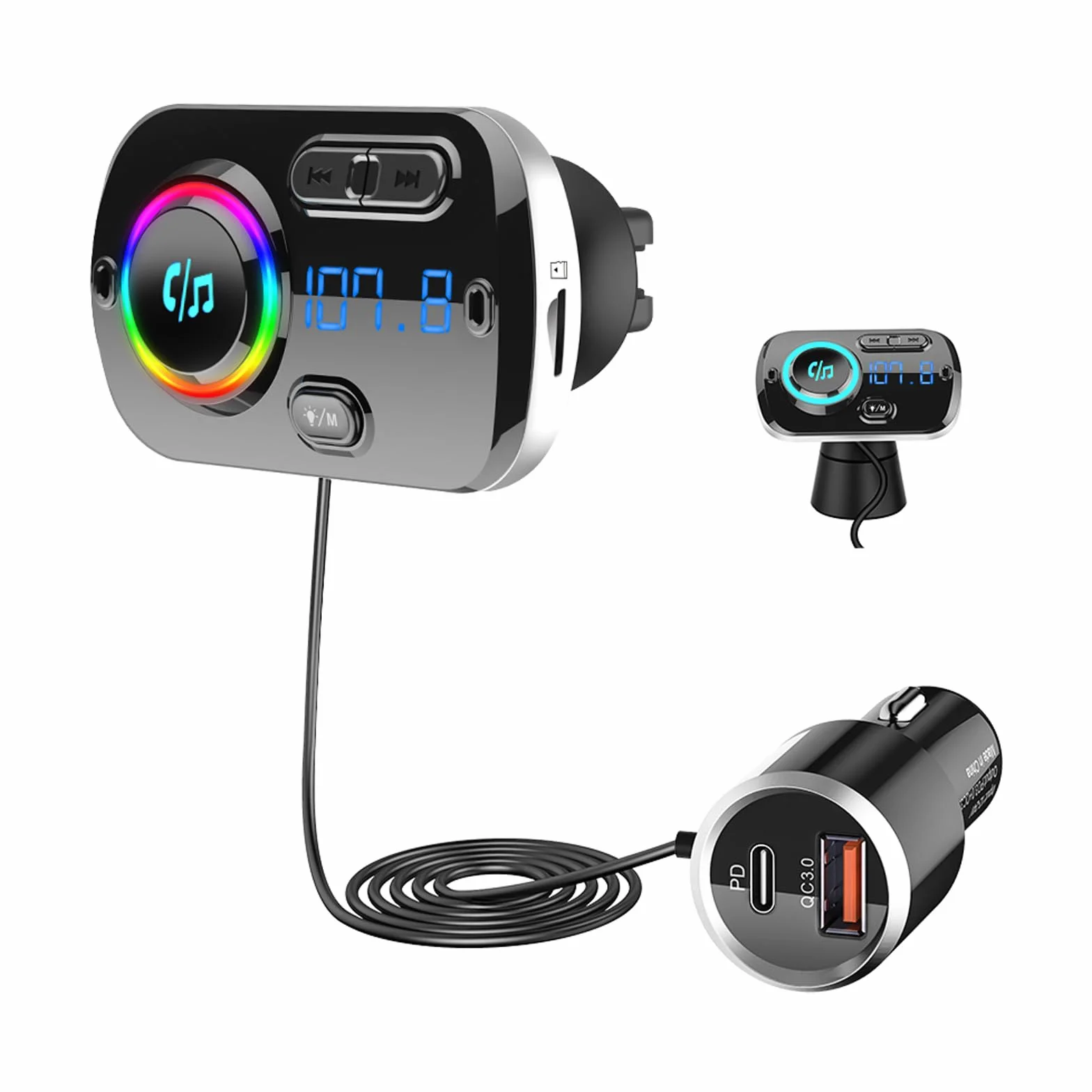 SONRU Upgrade Transmisor FM Bluetooth 5.3 Coche, Manos Libres para Vehículos, Reproductor MP3 Coche, Carga Rapida QC3.0 & PD 20W USB Portes, Apoyo Tarjeta TF, Salida AUX, SIRI/Google, Cable de 1.1M