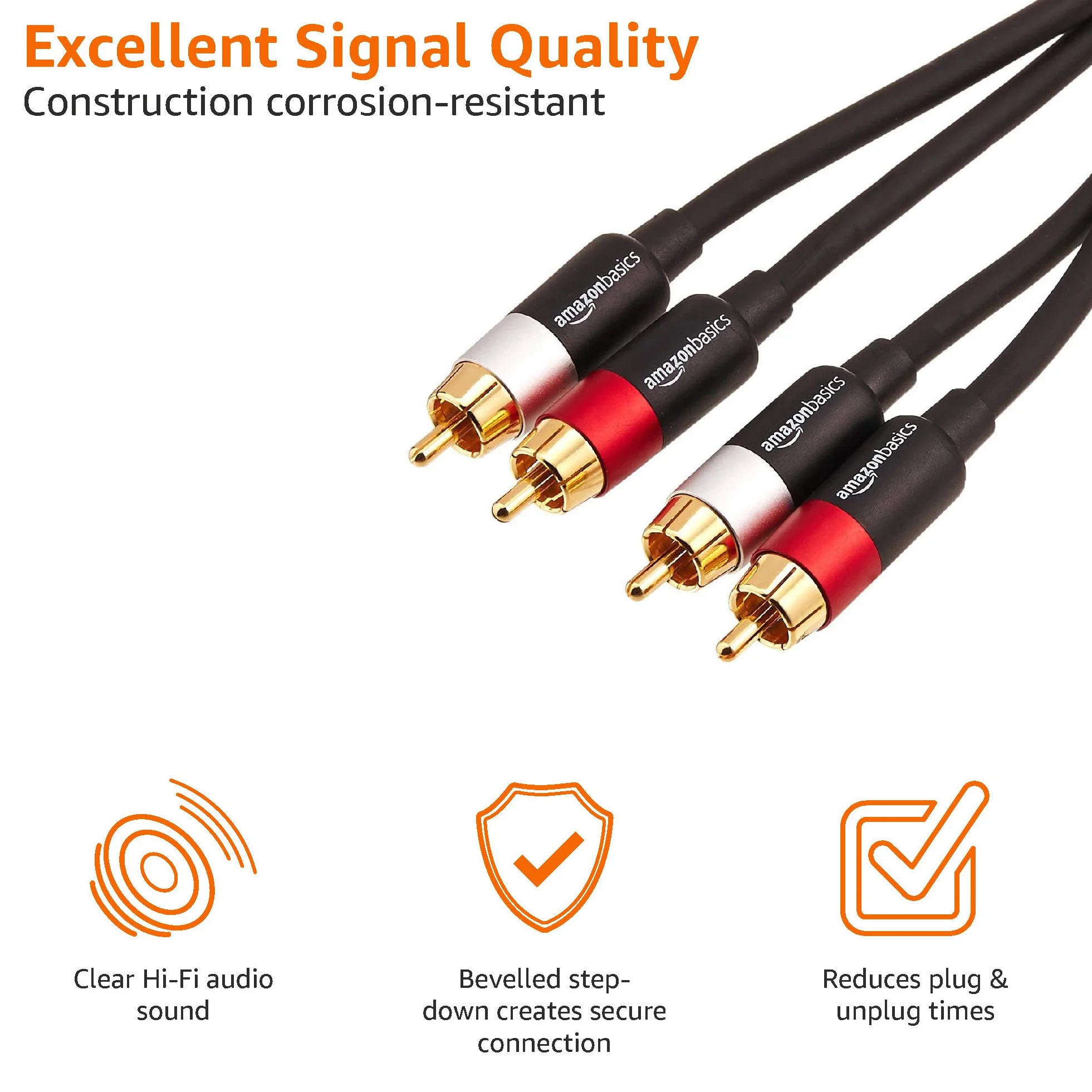 Amazon Basics 2 kable audio RCA 2.4 m pozłacane złącza czarny