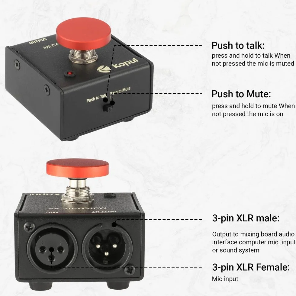 Momentary Microphone Mute/Talk Button – Push-to-Talk or Push-to-Mute, LED Indicator,XLR in/out, Desktop or Footswitch Use, for Dynamic & Condenser Mics for Podcast, Online Meetings, Live Events