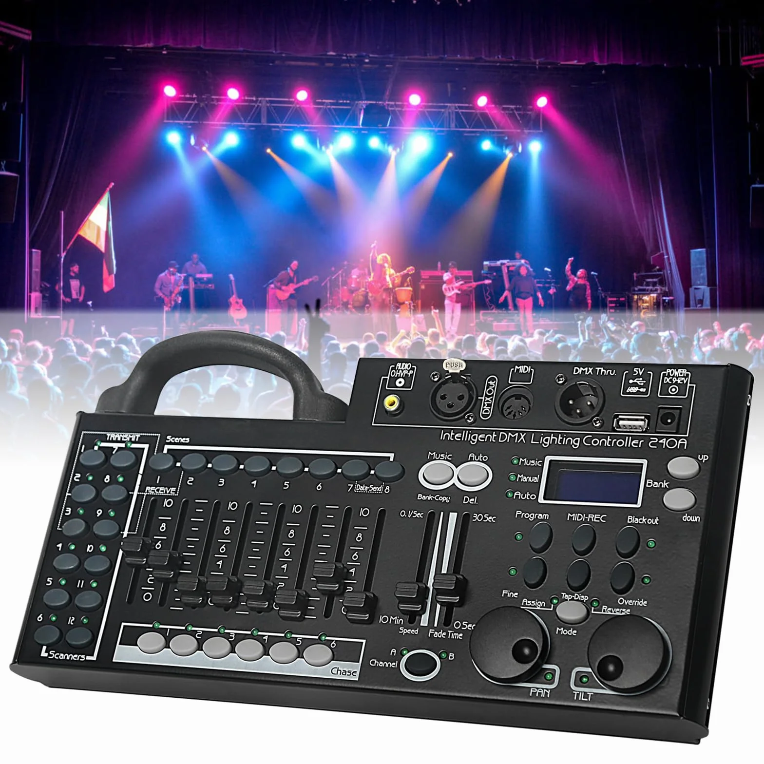 Consola de iluminación DMX, controlador DMX 512 de 240 canales para luces DJ, equipada con función de respaldo de datos USB, color negro